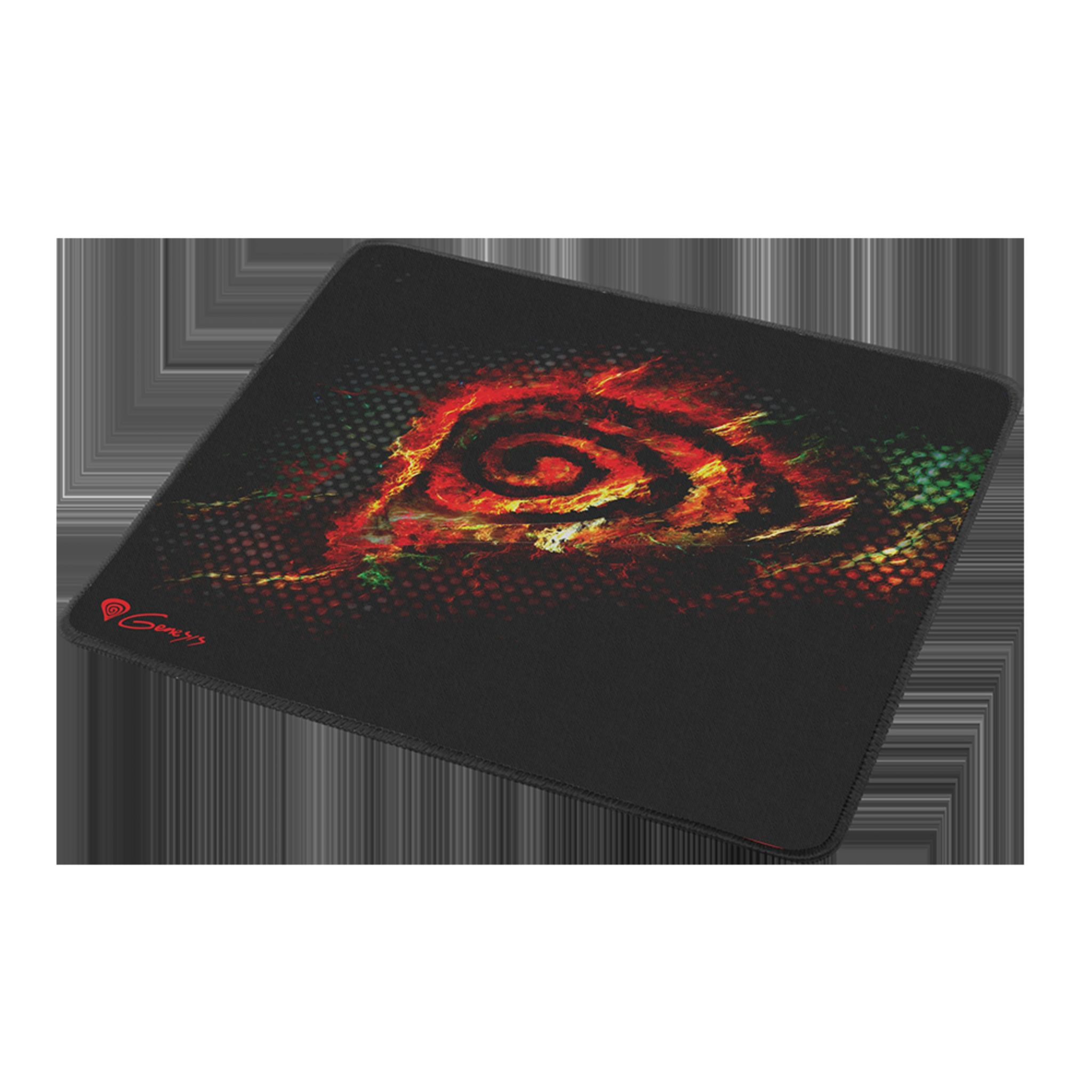 Alfombrilla de ratón negra con diseño rojo y naranja. Genesis es la marca.