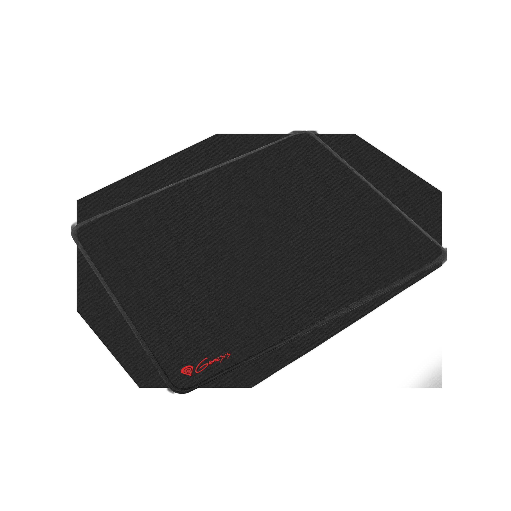 Tapis de souris noir avec logo Genesis rouge. Sur une surface blanche. Fond neutre.