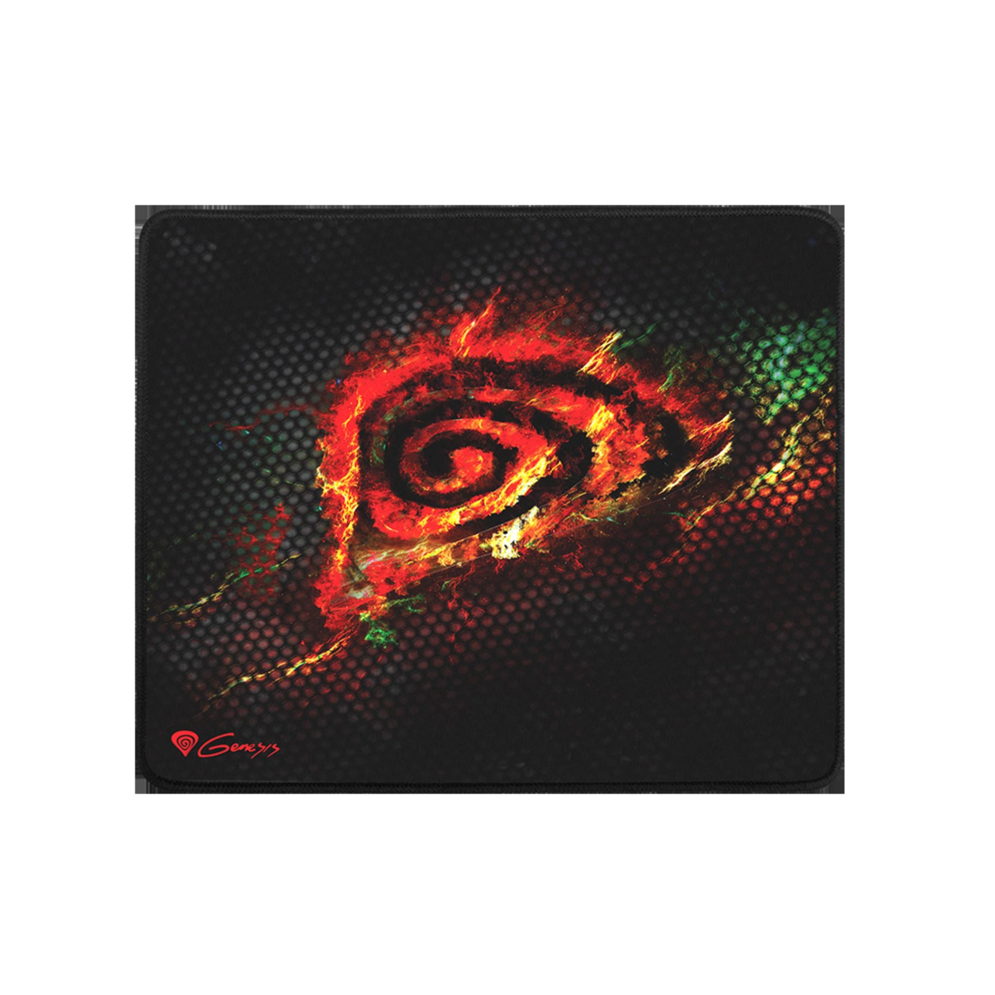 Alfombrilla de ratón negra con diseño abstracto de fuego rojo y amarillo y el logo Genesis.