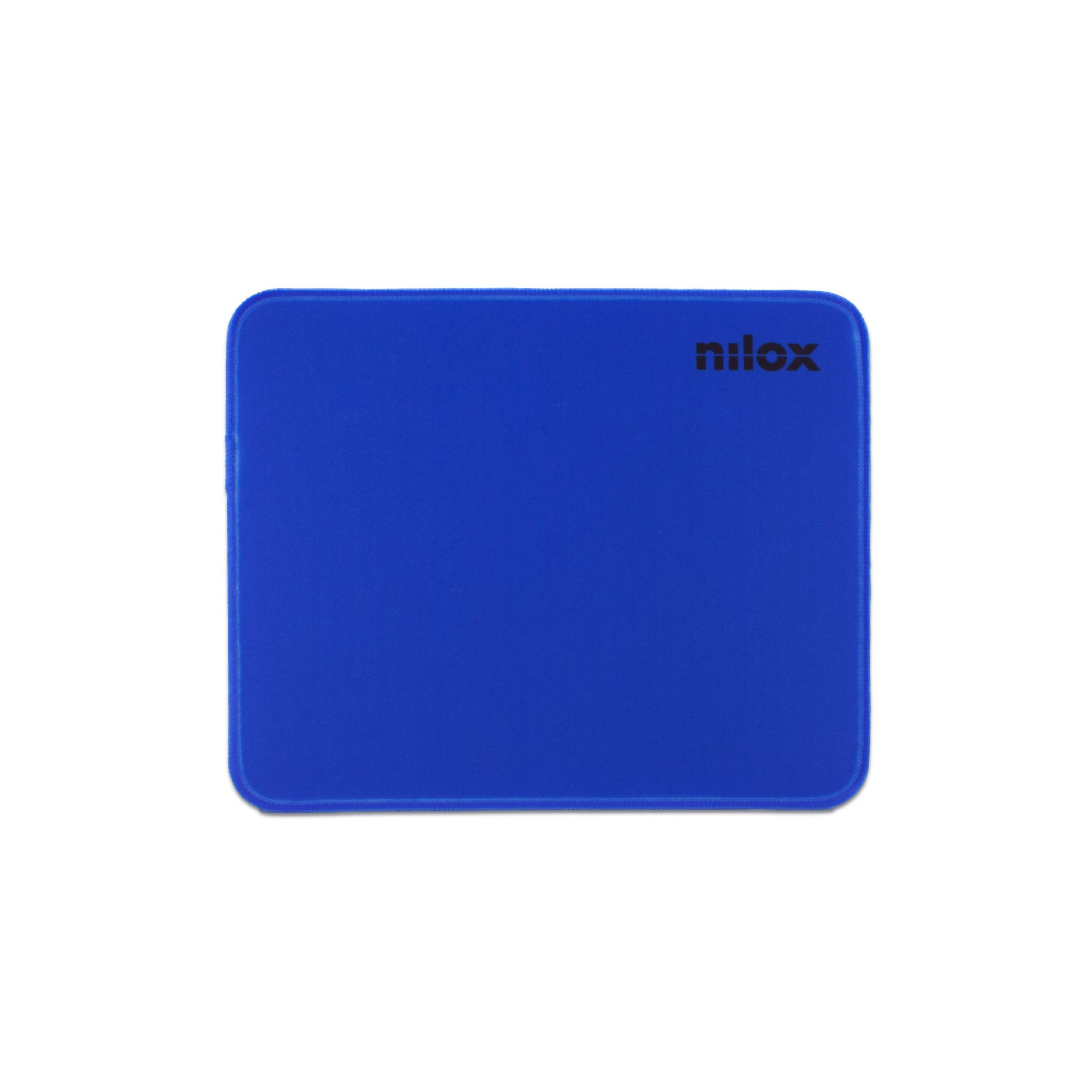 Blauw rechthoekig muismatje met het woord 'nilox'.