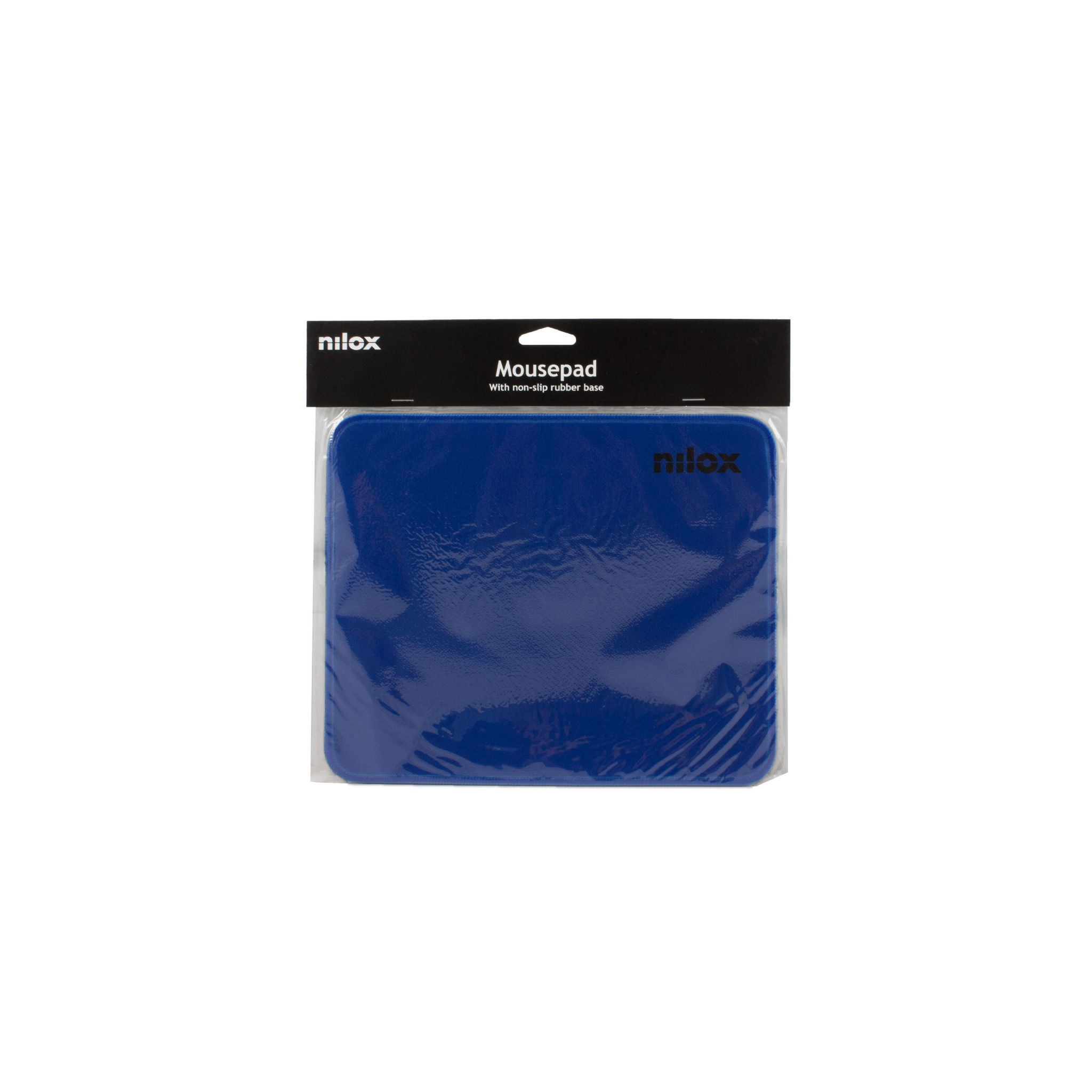 Blauwe muismat in plastic verpakking, met zwarte tekst en logo.