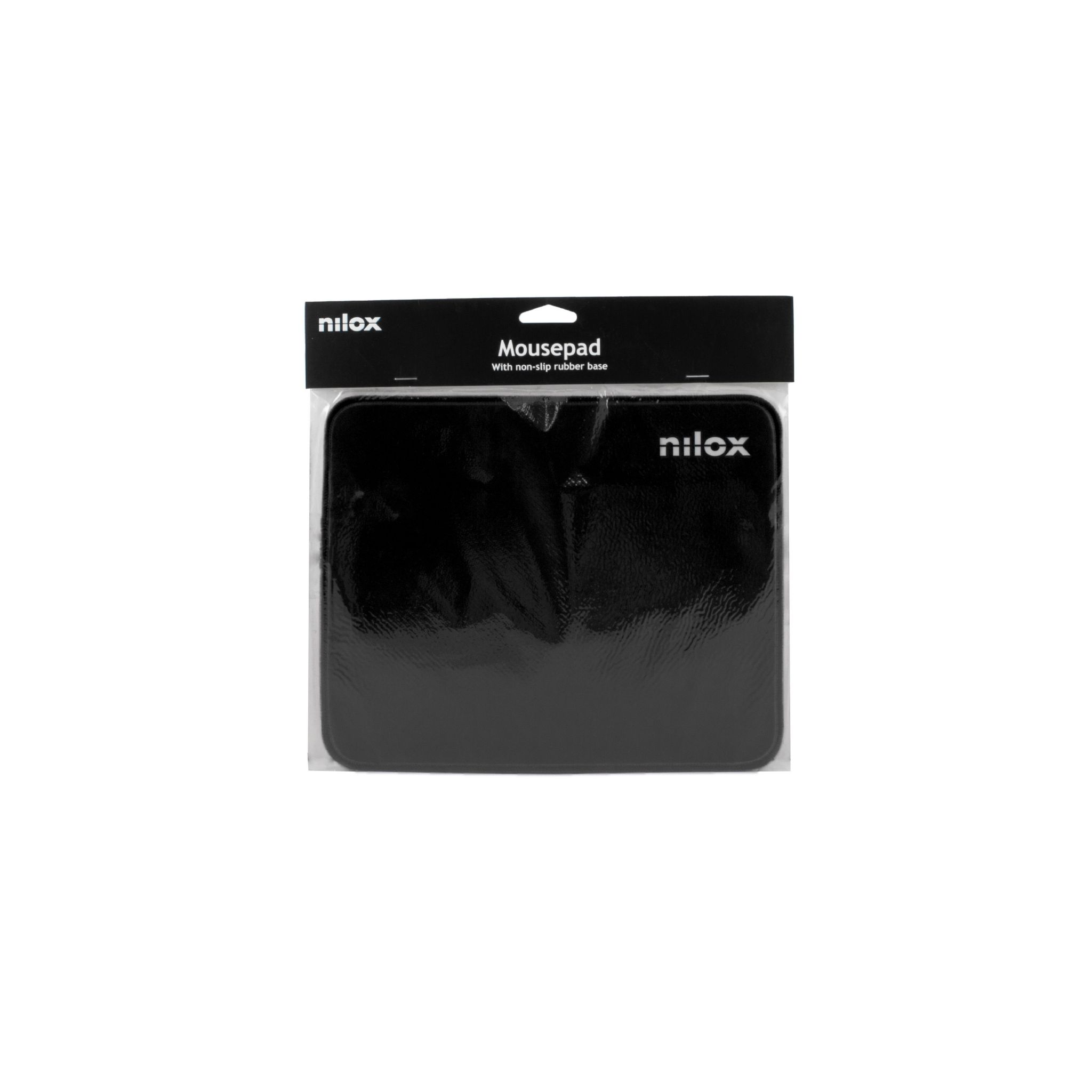 Een zwart muismat in een doorzichtige plastic verpakking, met het merk "nilox".