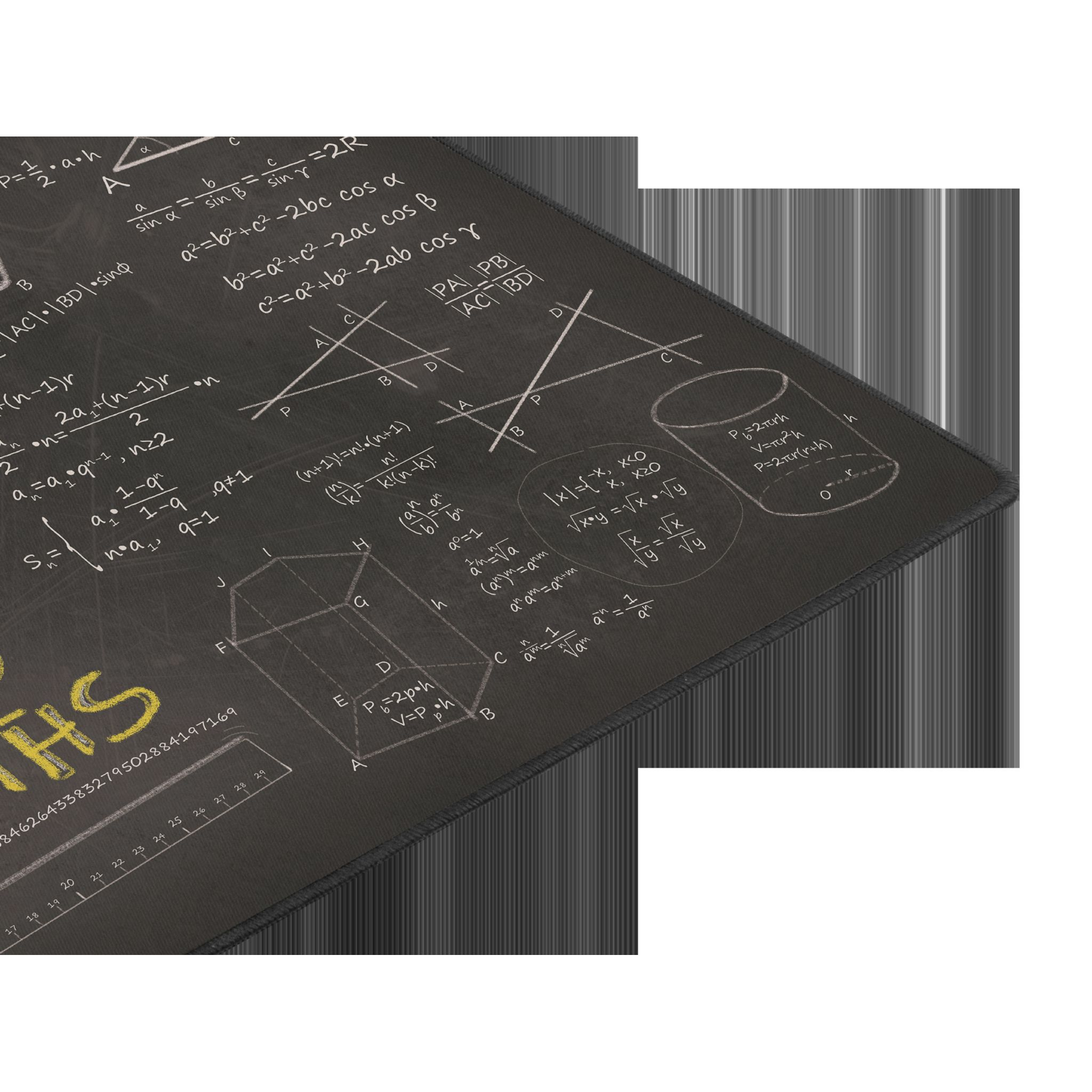 Pizarra con fórmulas geométricas y ecuaciones matemáticas.