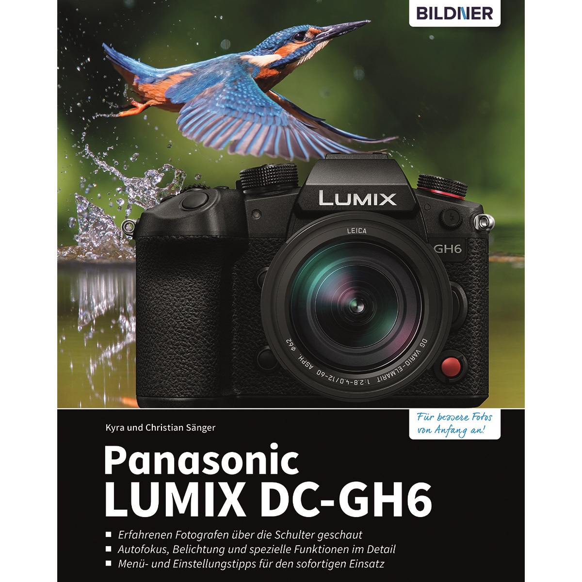 Panasonic Lumix Kamera auf einem Buchcover. Ein Vogel fliegt. Der Buchtitel ist sichtbar.