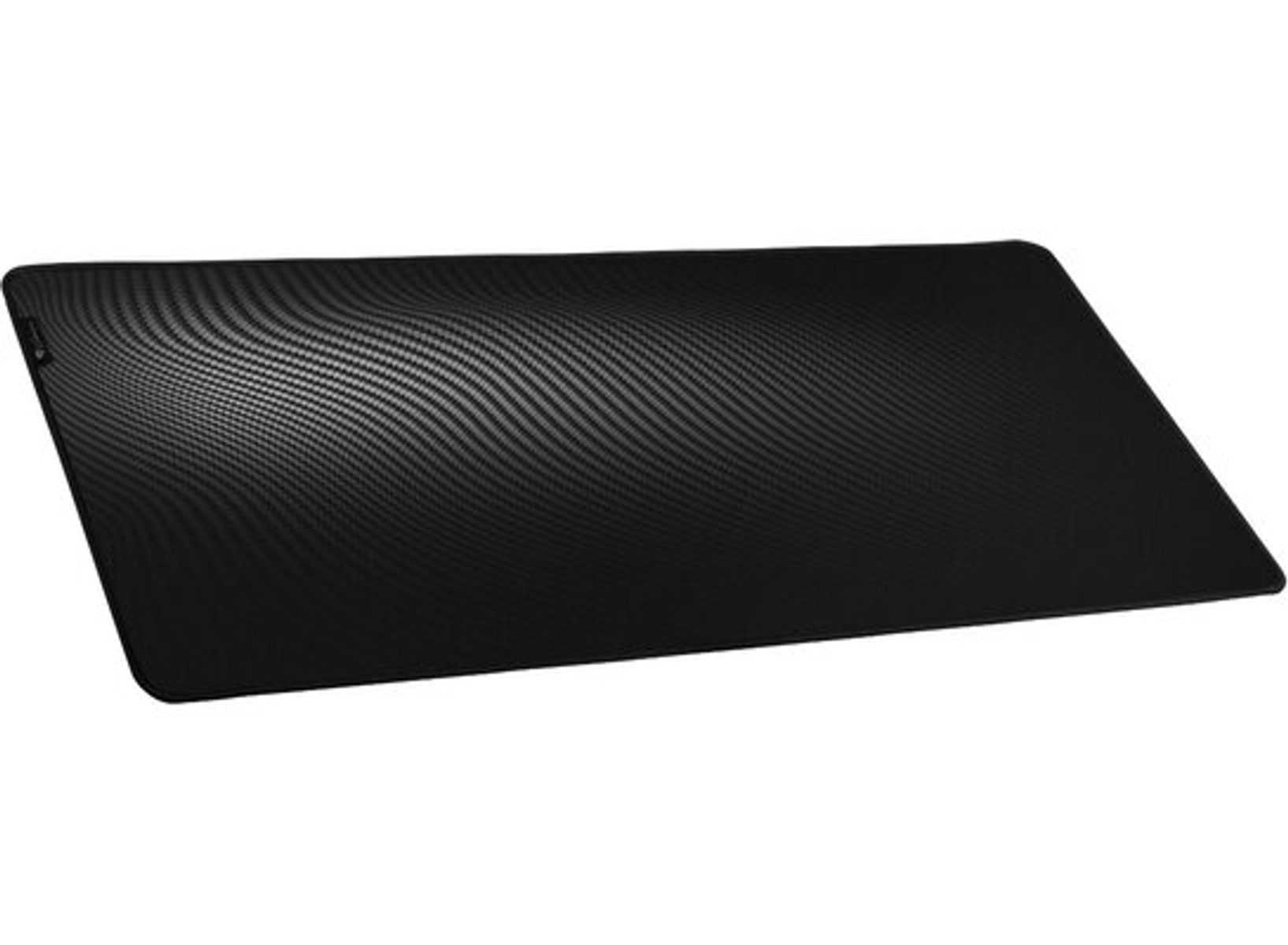A black rectangular mouse pad with a textured pattern. The pad is placed on a white surface.