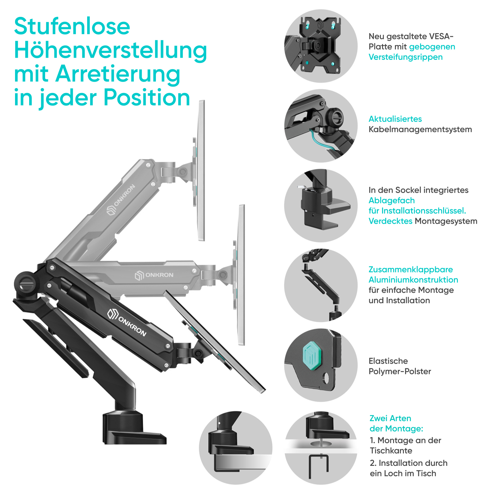 ONKRON 13-34 Zoll, schwenkbar, neigbar, Monitor Halterung 75/100 VESA