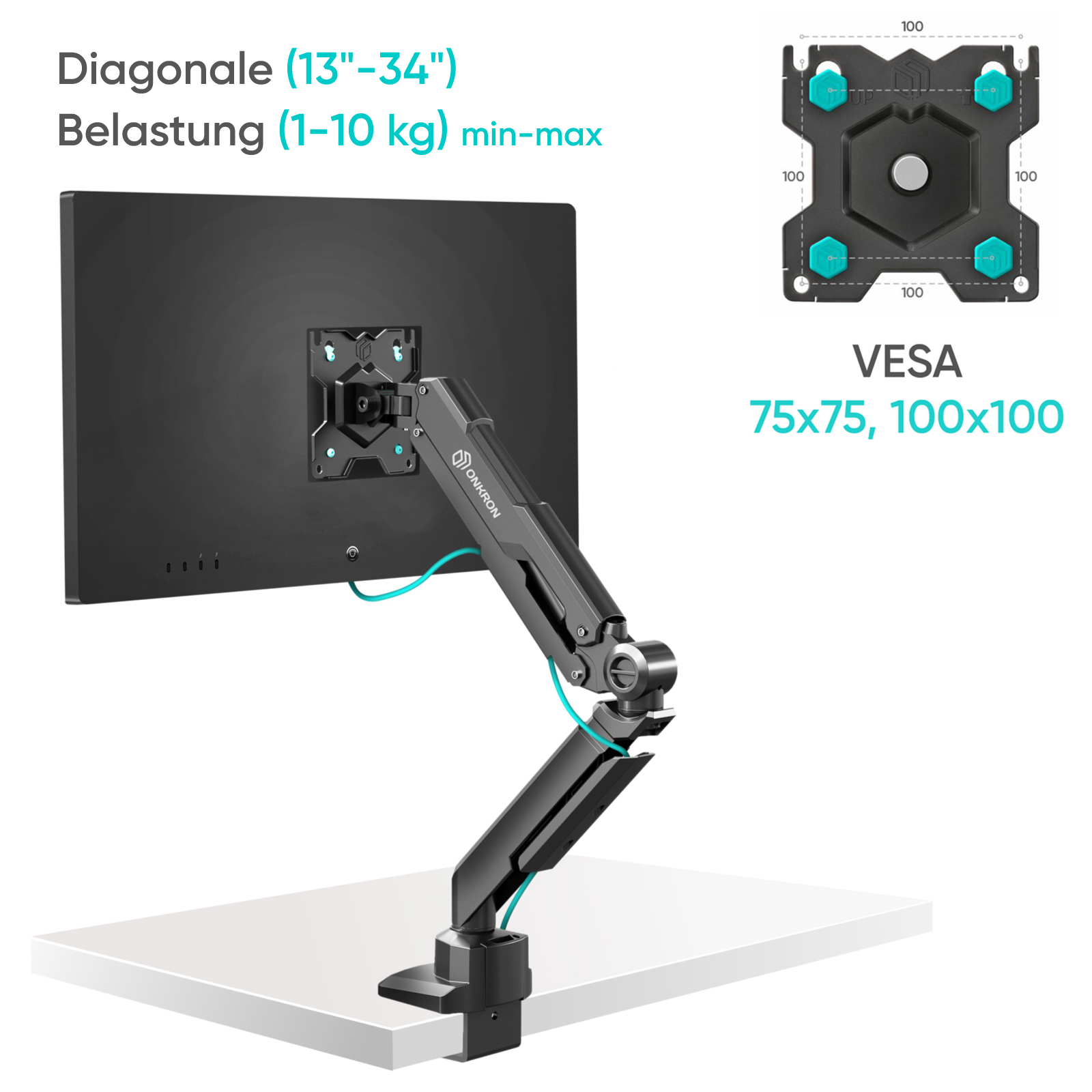 ONKRON 13-34 Zoll, schwenkbar, neigbar, 75/100 Monitor VESA Halterung