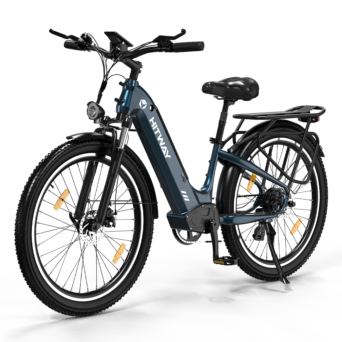 Bicicletta elettrica blu con pneumatici neri. HITWAY è scritto sul telaio.