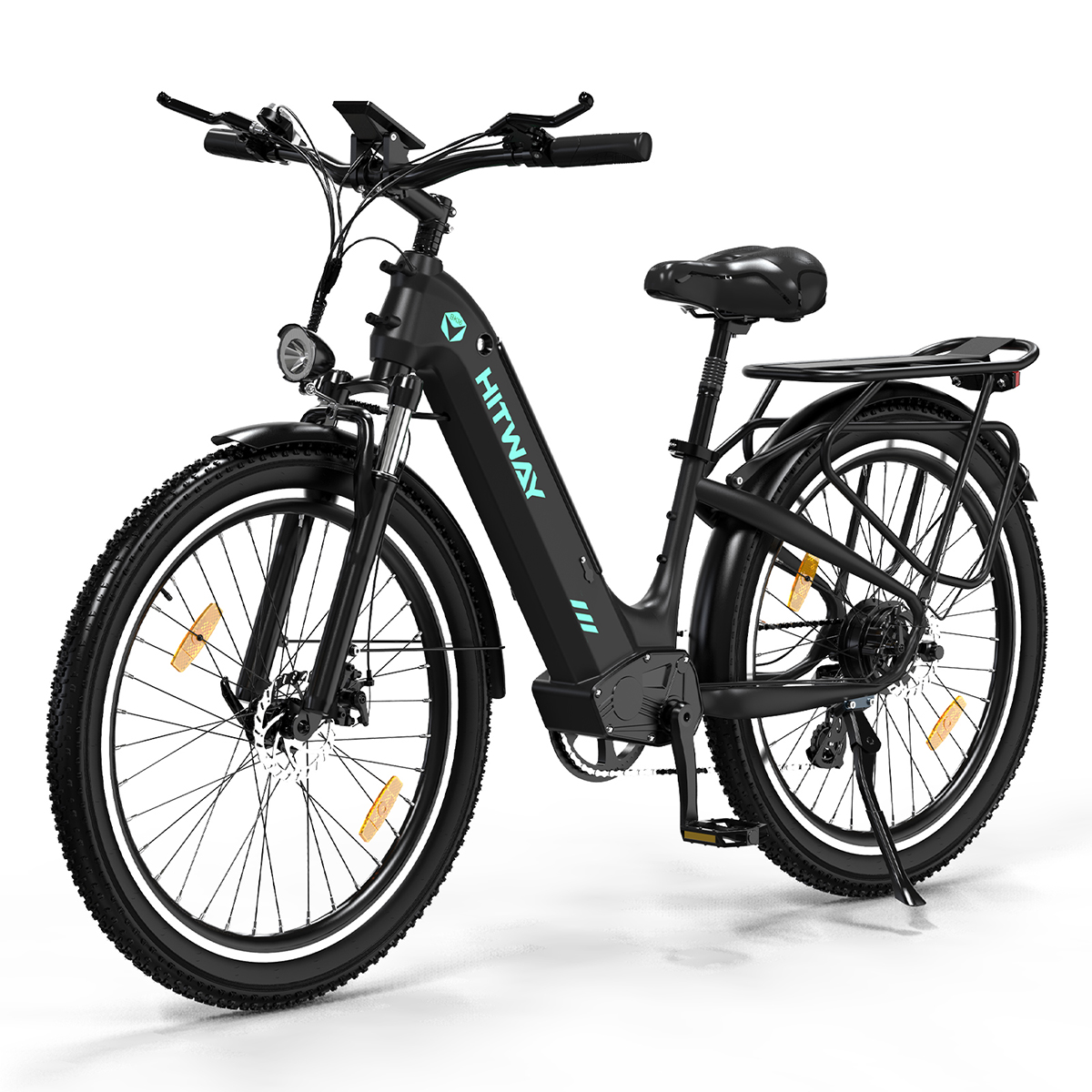 Bicicletta elettrica nera. Ha un telaio nero, pneumatici neri e la parola HITWAY.