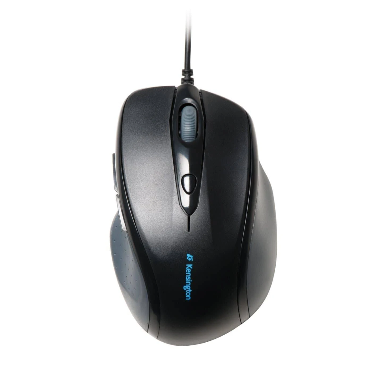 Black Kensington mouse.  Blue Kensington logo.  Scroll wheel and side buttons.