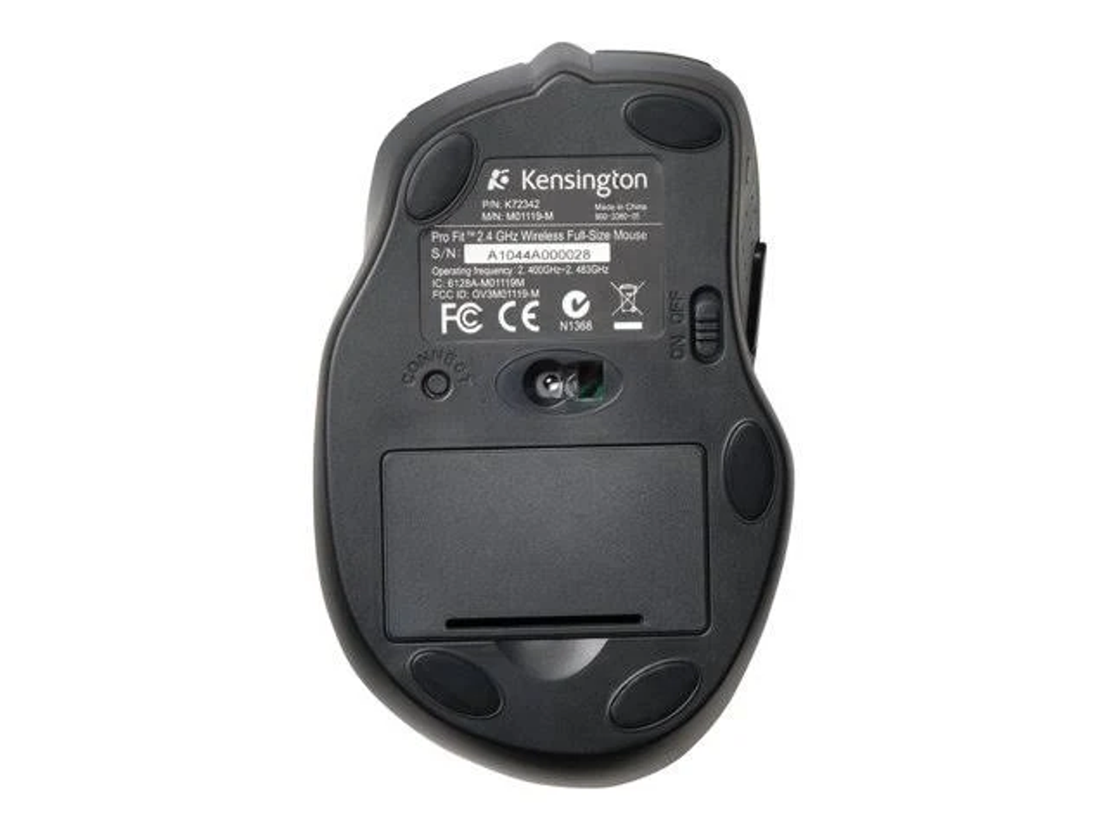 The bottom of a black Kensington wireless mouse, showing the battery compartment and on/off switch.