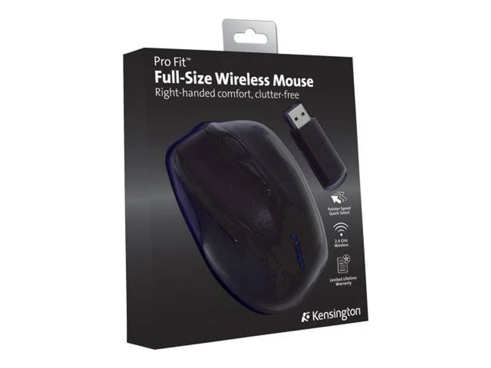 A black wireless mouse in a box with a USB receiver. The box has Kensington branding.