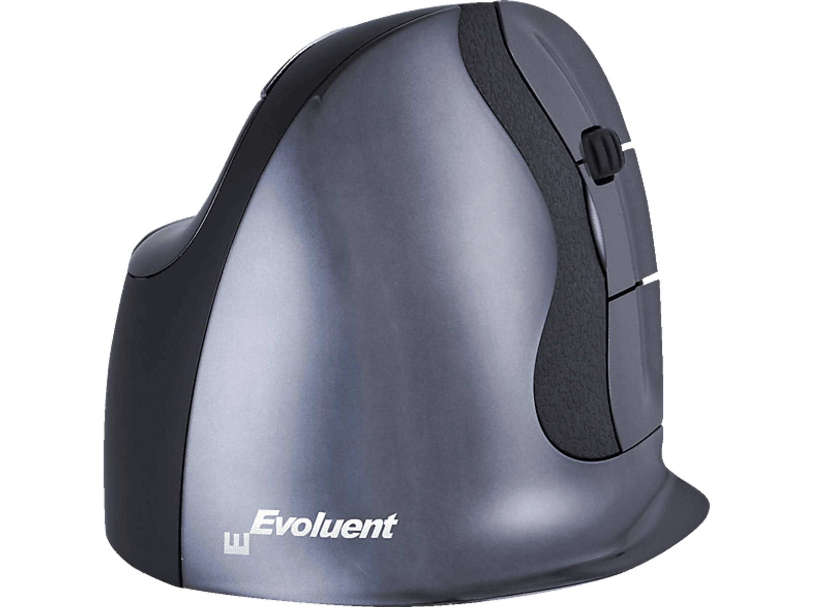 Szara ergonomiczna mysz pionowa. Ma zakrzywiony kształt i przyciski z boku. Marka jest widoczna.