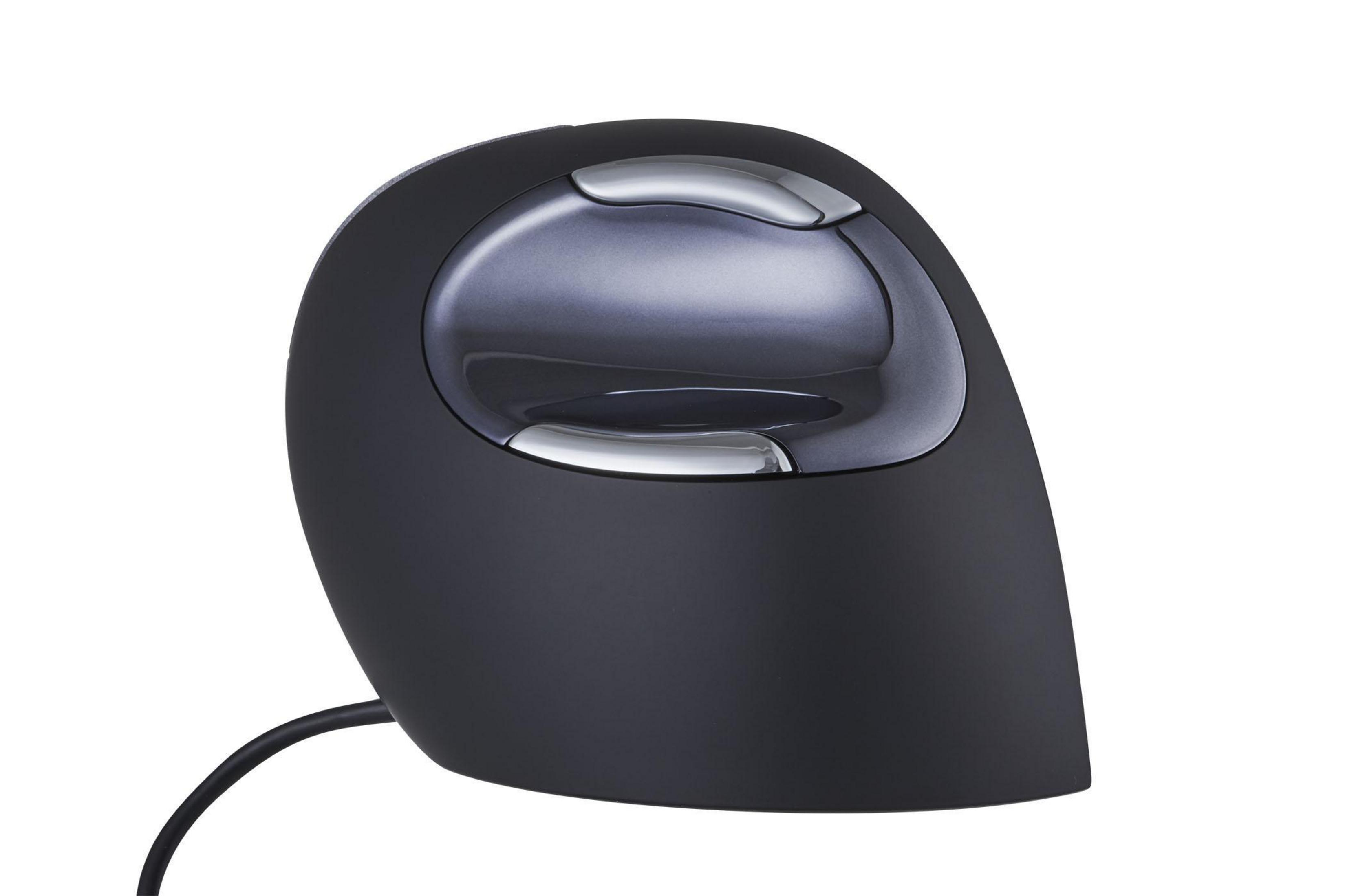 Eine schwarze ergonomische Maus mit silbernen Akzenten auf weißem Hintergrund.