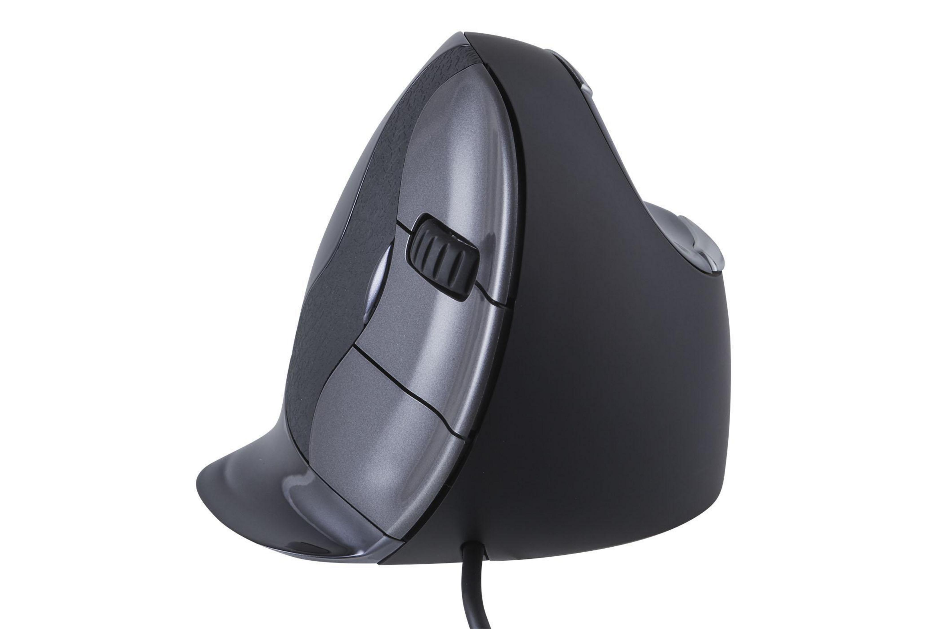 Schwarze ergonomische Computermaus. Verfügt über ein gebogenes Design für komfortable Nutzung.