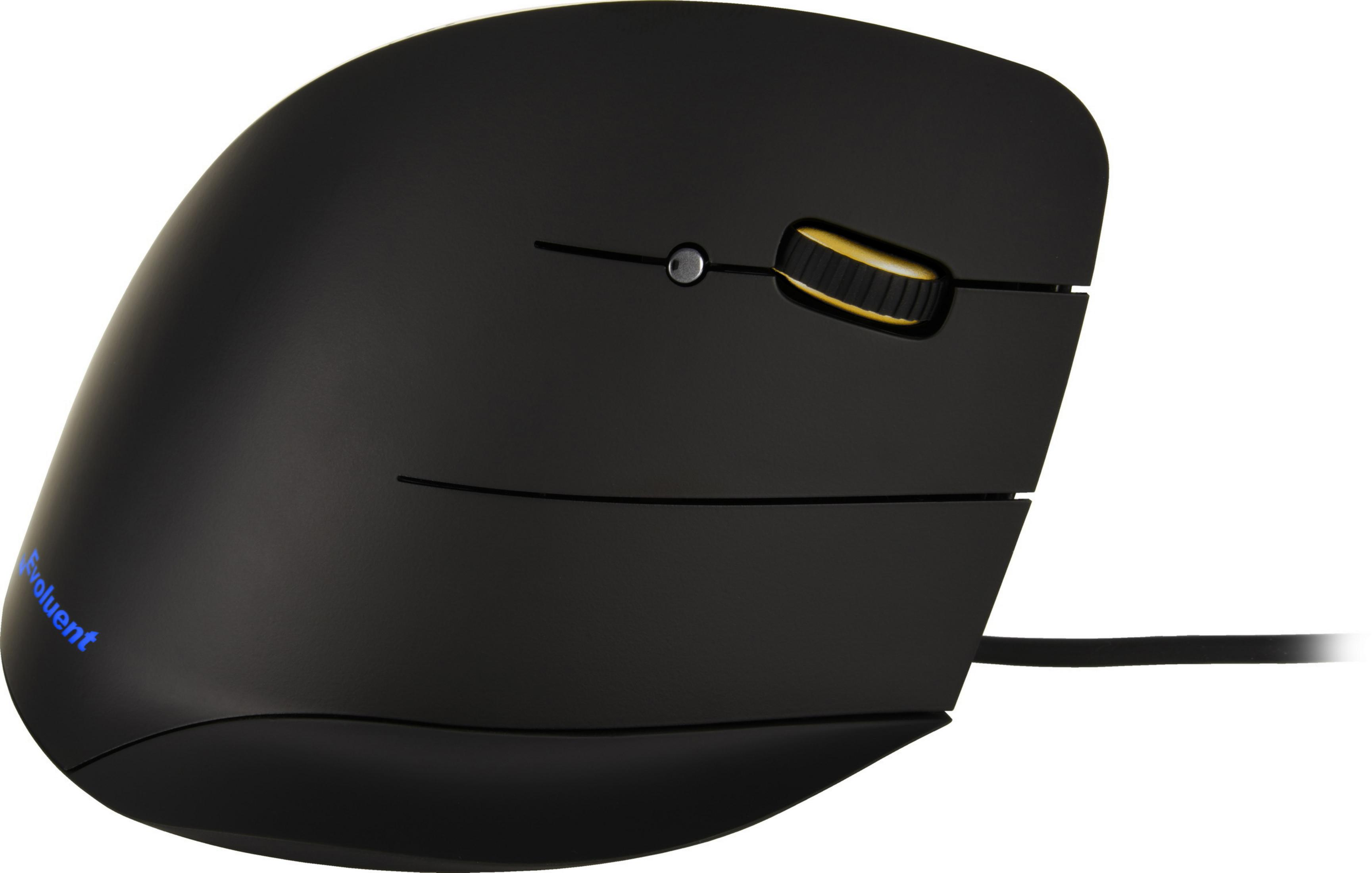 Un mouse ergonomico nero con rotella di scorrimento gialla e cavo.