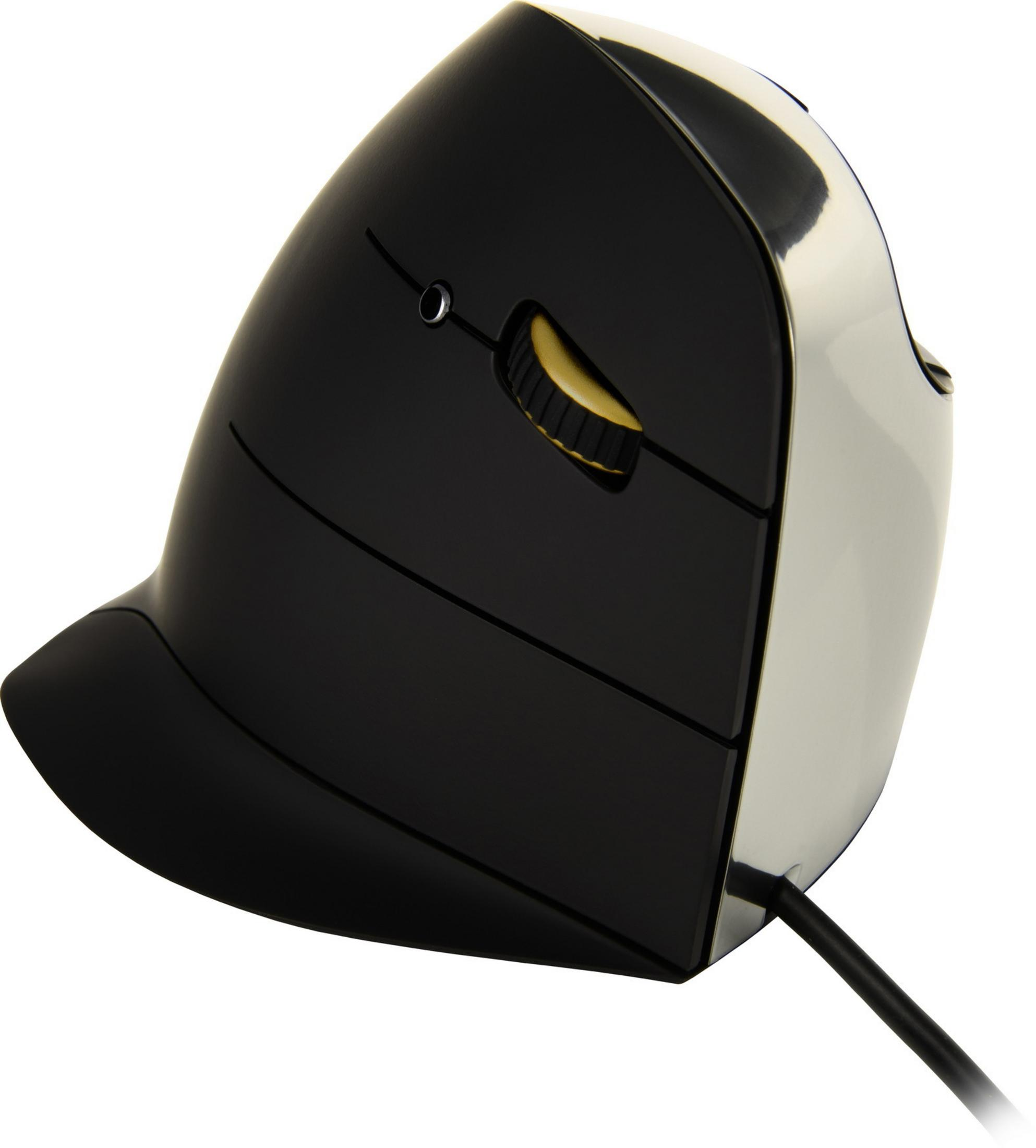 Mouse per computer verticale ergonomico, nero e argento con rotella di scorrimento gialla.