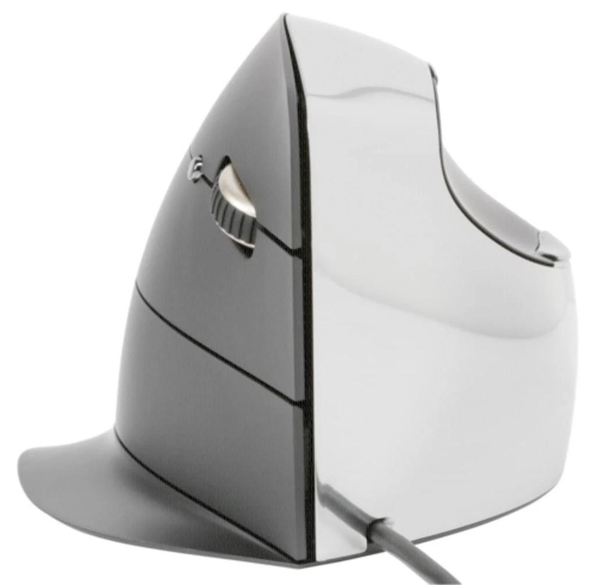 Mouse ergonomico per computer. Nero e argento. Design angolato.