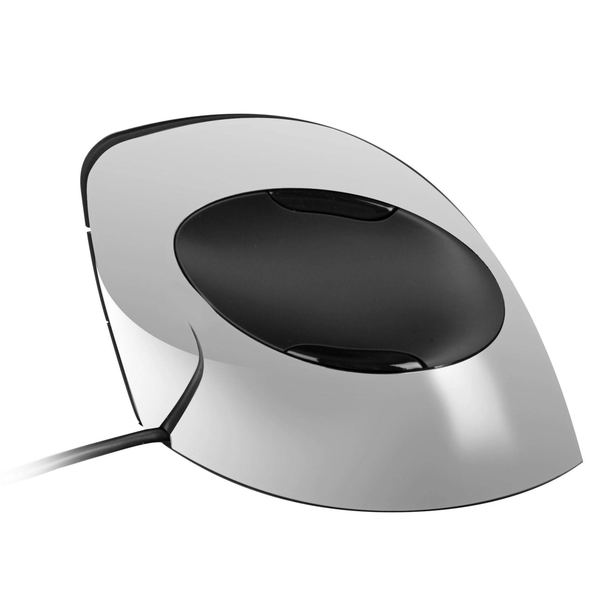 Mouse per computer argento con centro nero e cavo. È su sfondo bianco.
