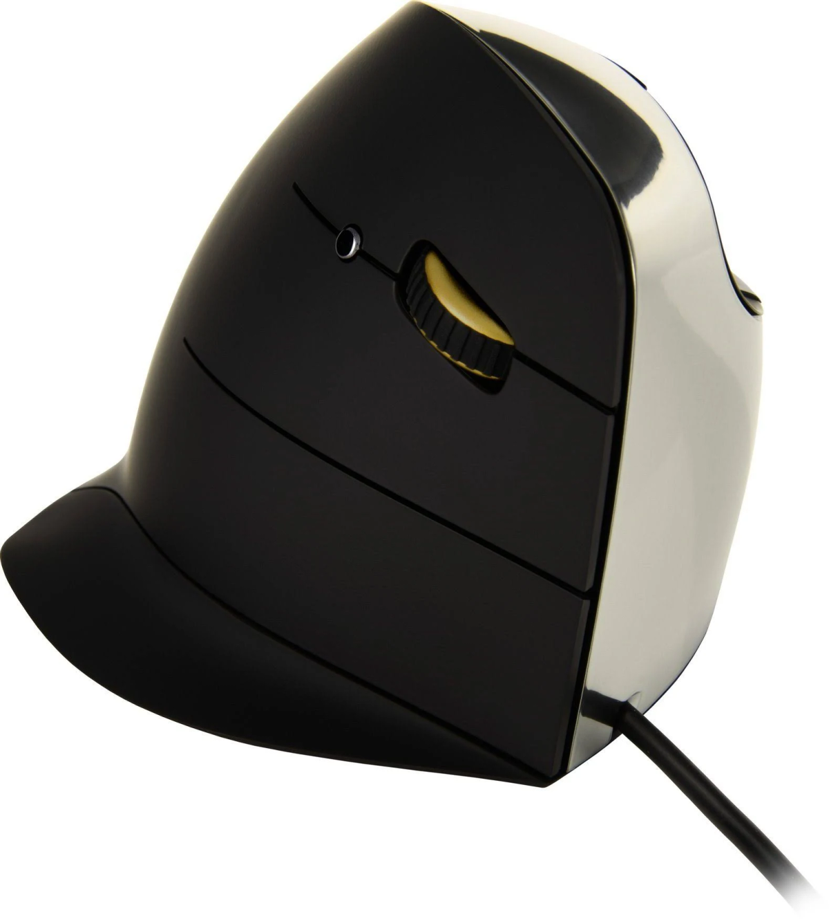 Mouse ergonomico nero e argento con rotella. Design verticale.