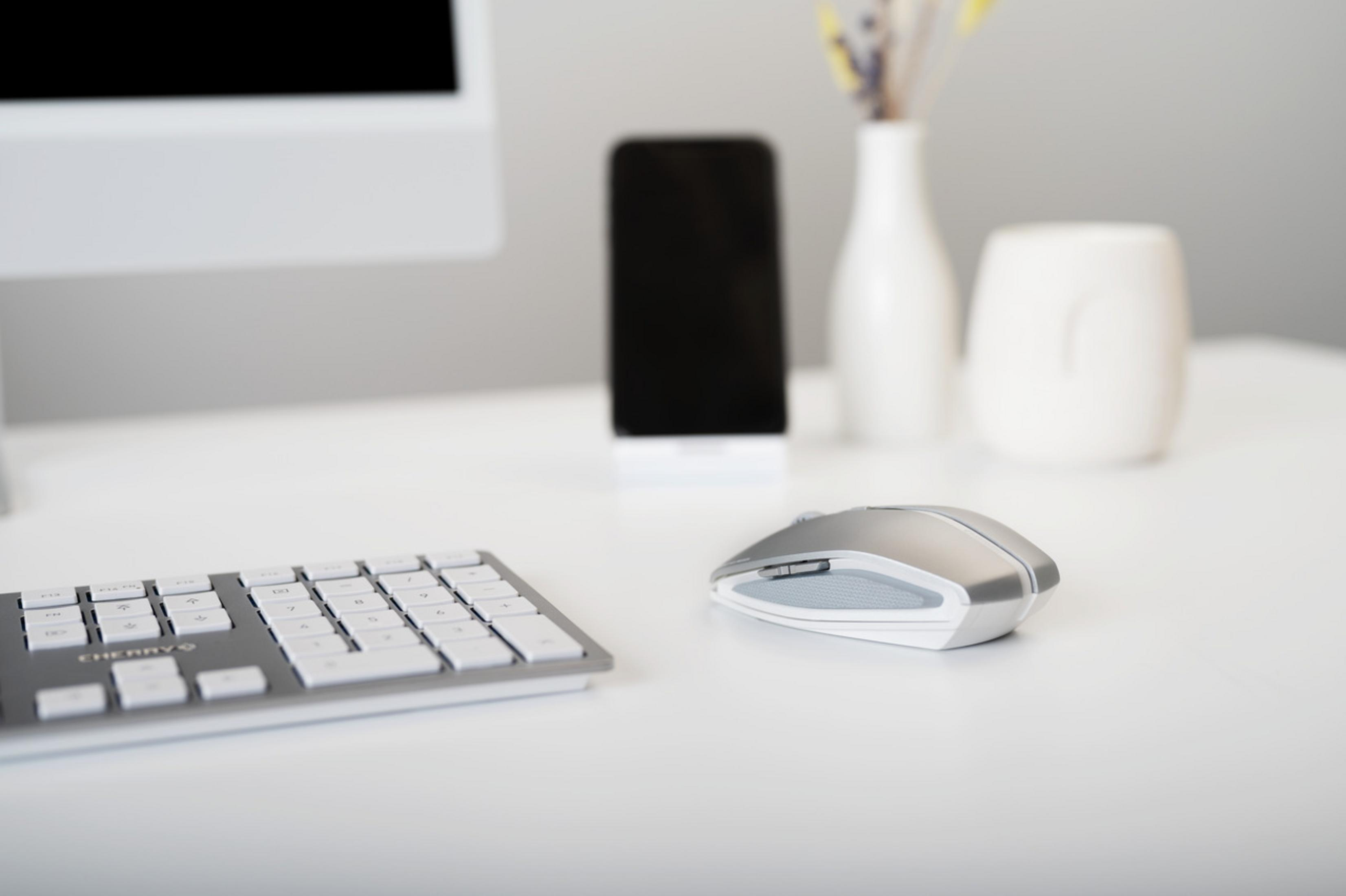 Een bureau met een toetsenbord, muis, telefoon en vazen. De muis is zilver en de telefoon is zwart.