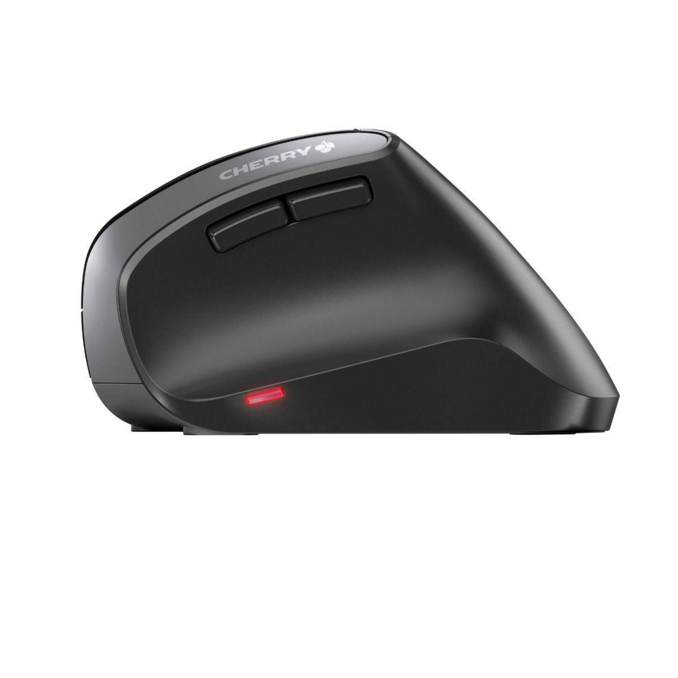 Black ergonomic mouse. It has two buttons and a red light. The shape is tilted.