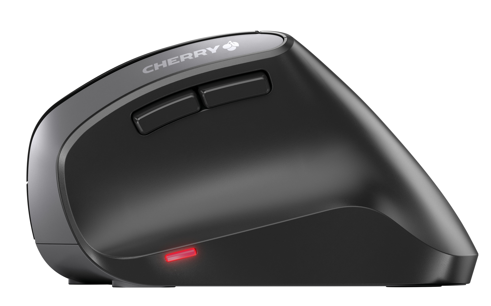 Black ergonomic mouse with red light on the bottom.