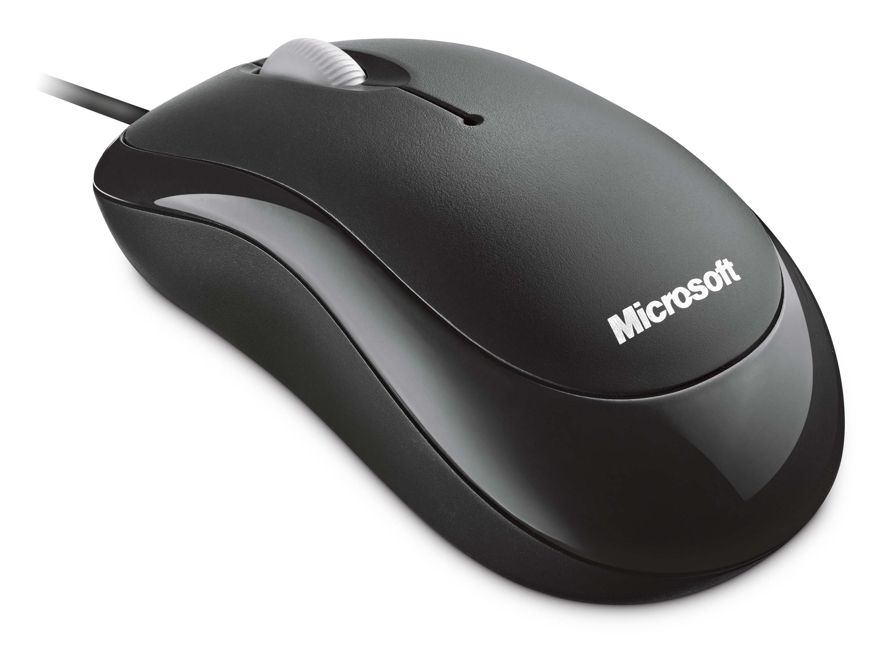 Ratón Microsoft negro con una rueda de desplazamiento sobre fondo blanco.