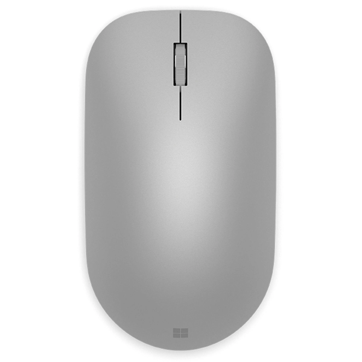 Srebrna mysz na białym tle. Posiada kółko przewijania i logo Microsoft na dole.