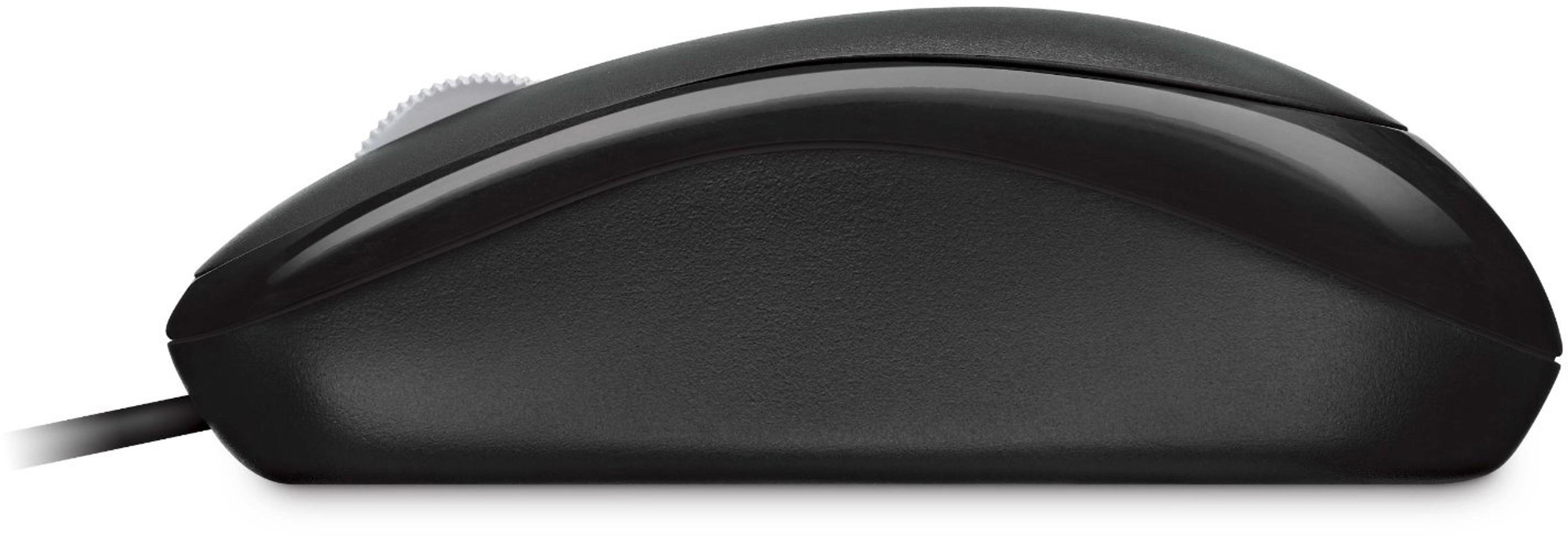 Un ratón de ordenador negro. Tiene una rueda de desplazamiento y una forma ergonómica curvada.