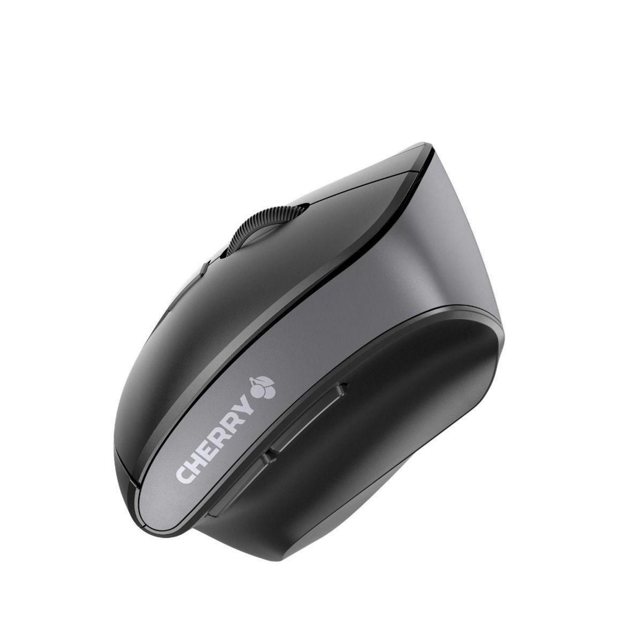 Primo piano di un mouse Cherry ergonomico nero con rotella.