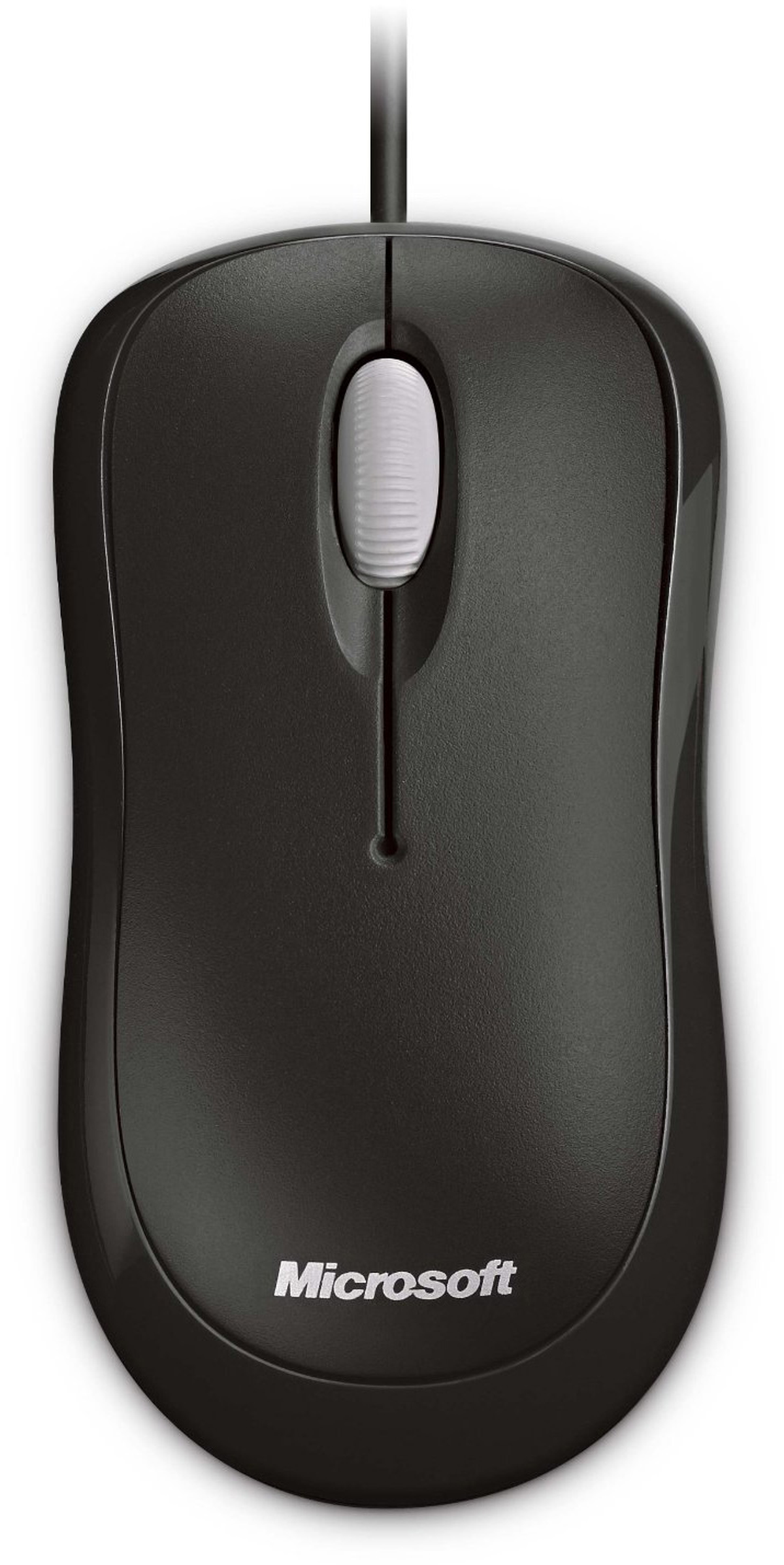 Ratón Microsoft negro con cable, rueda de desplazamiento y nombre de la marca en la base.