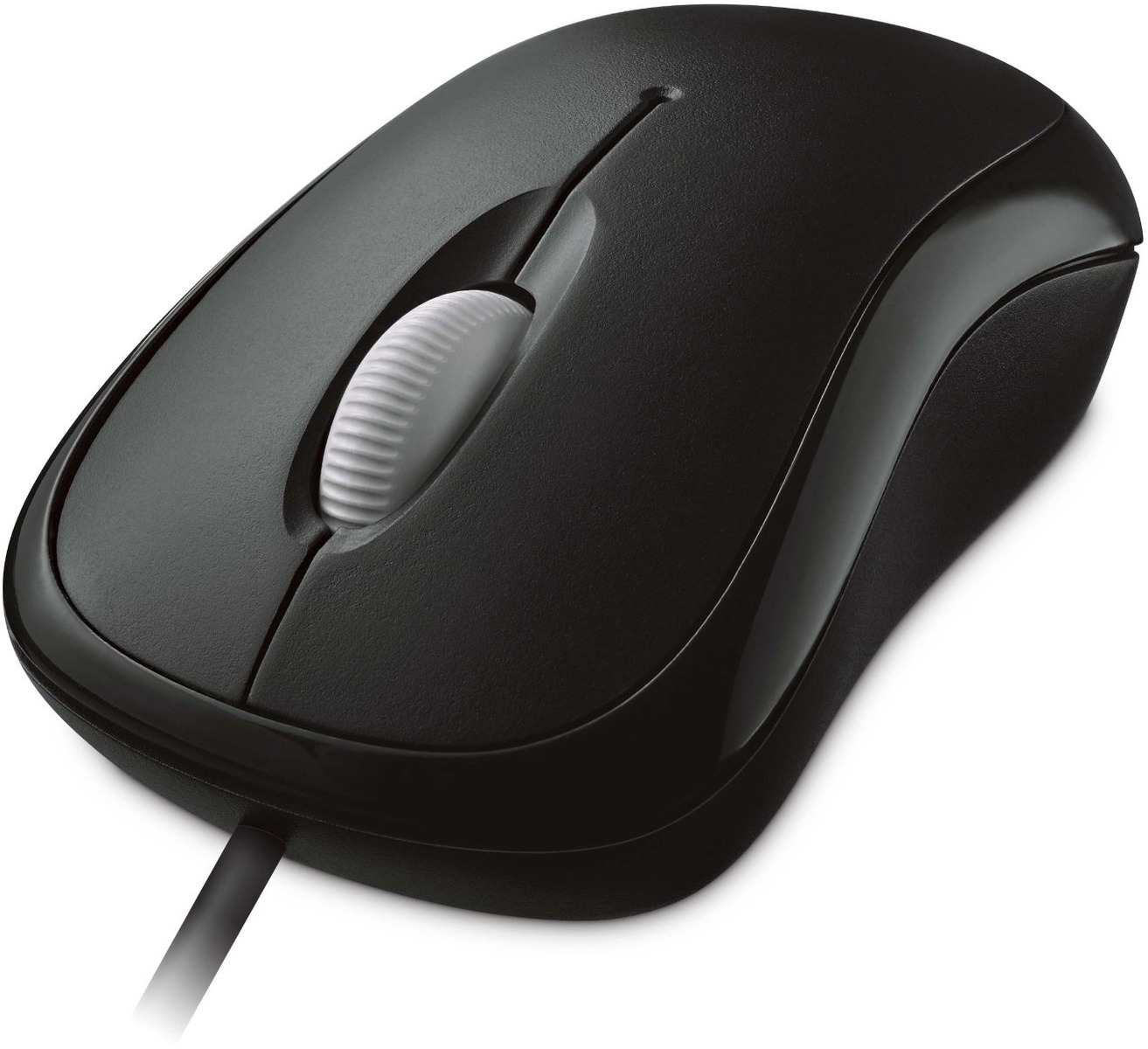 Ratón de ordenador negro con rueda de desplazamiento y cable. Está sobre un fondo blanco.