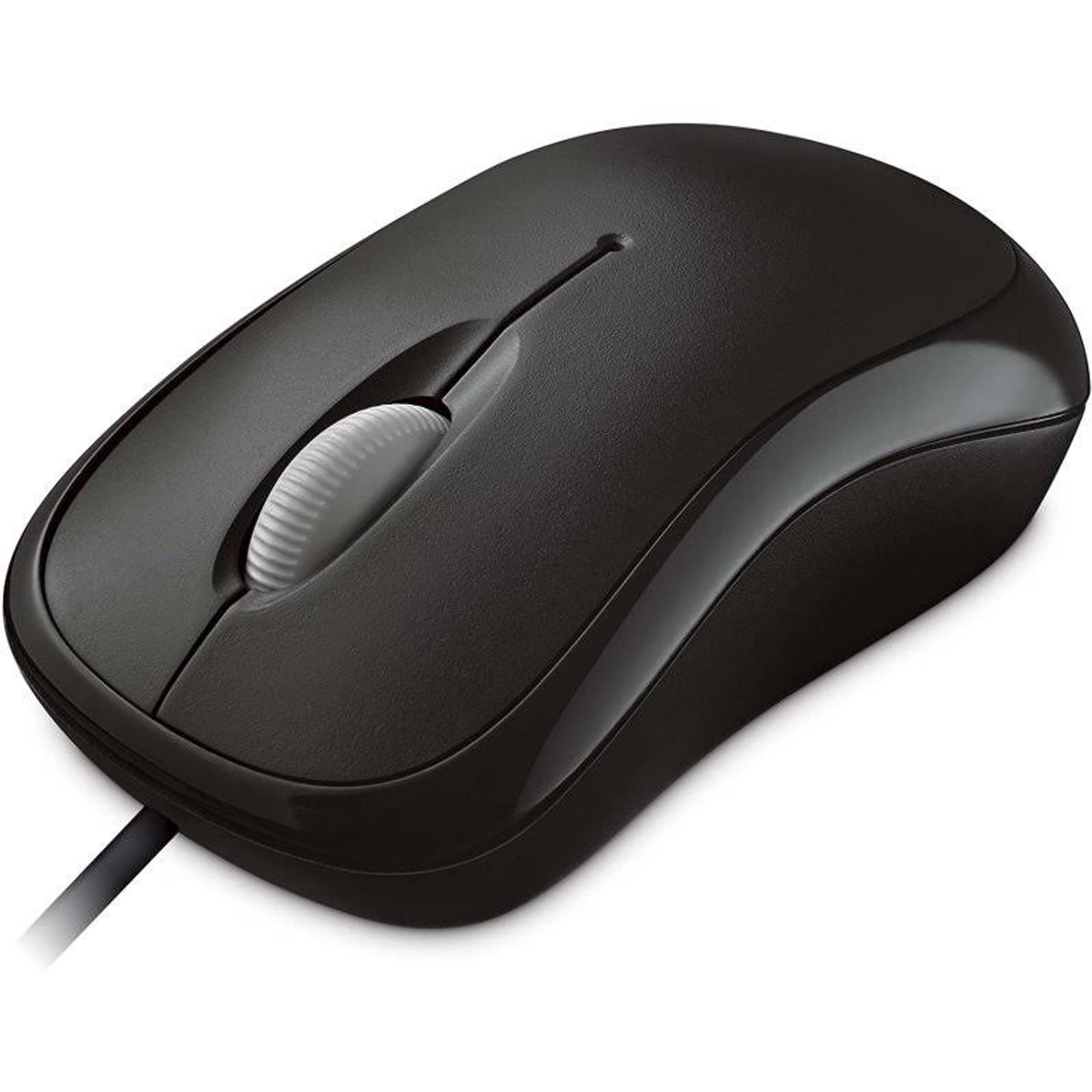 Un ratón Microsoft negro con una rueda de desplazamiento y un cable de conexión.