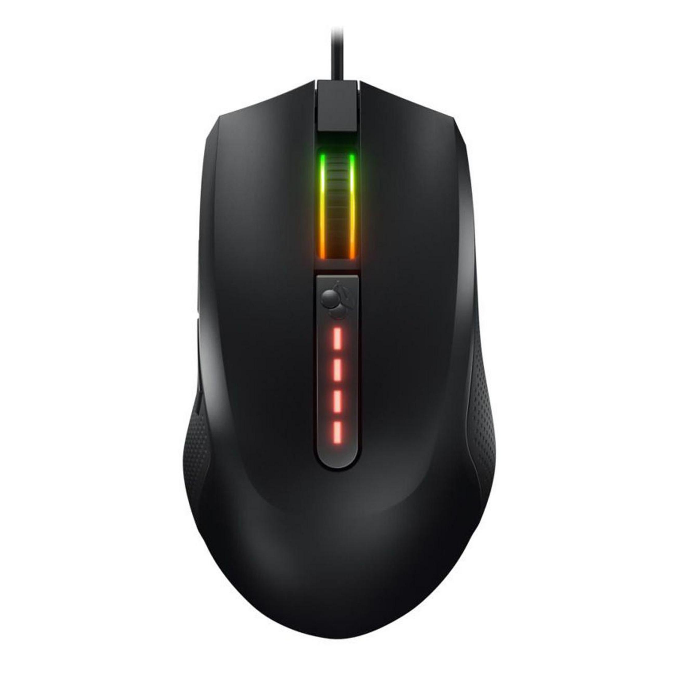Mouse gaming nero, con rotella e luce illuminata.