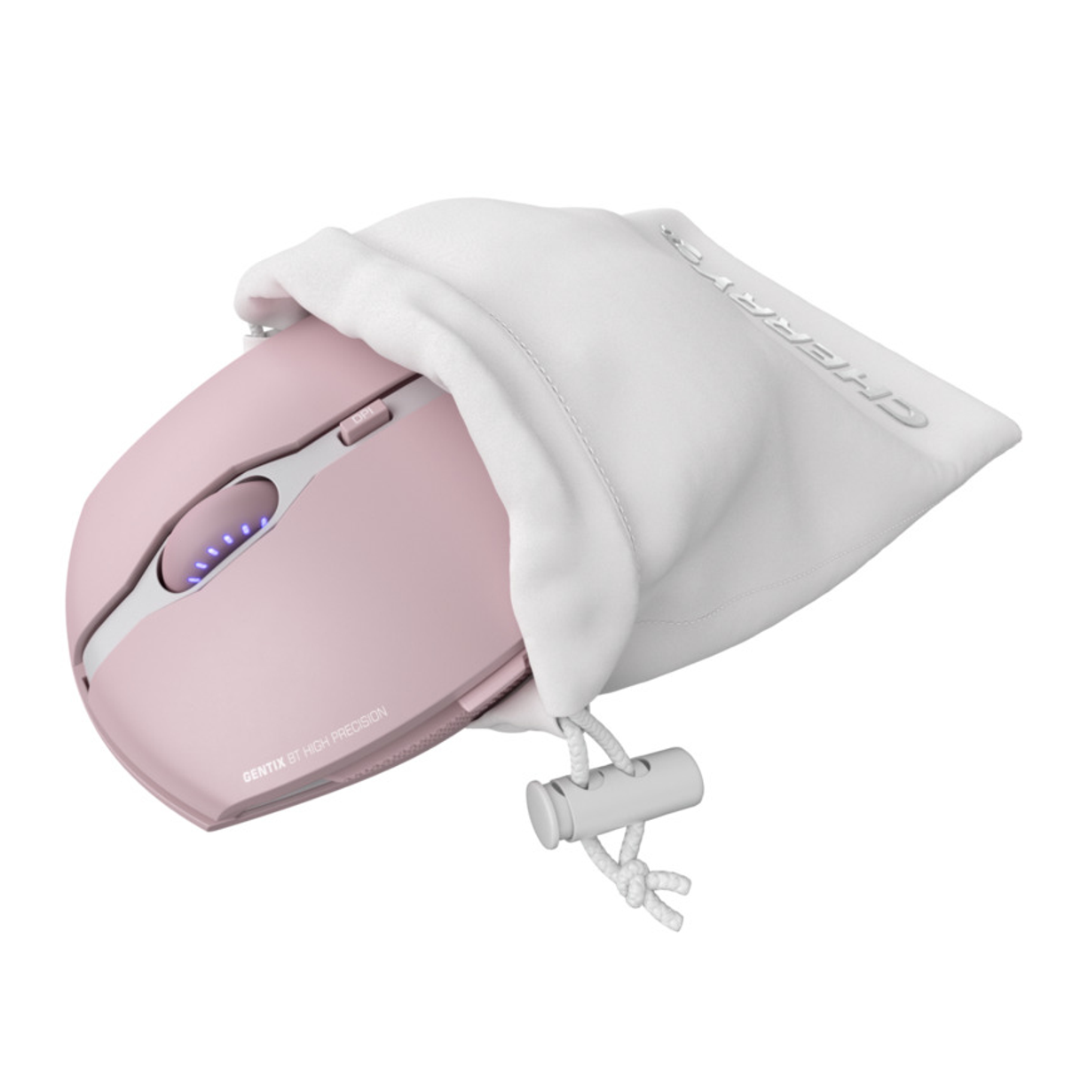 Pink wireless mouse in a white drawstring bag.