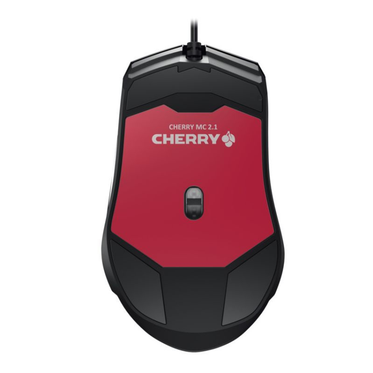 Mouse Cherry MC 2.1 rosso e nero con rotella di scorrimento e logo Cherry su sfondo bianco.