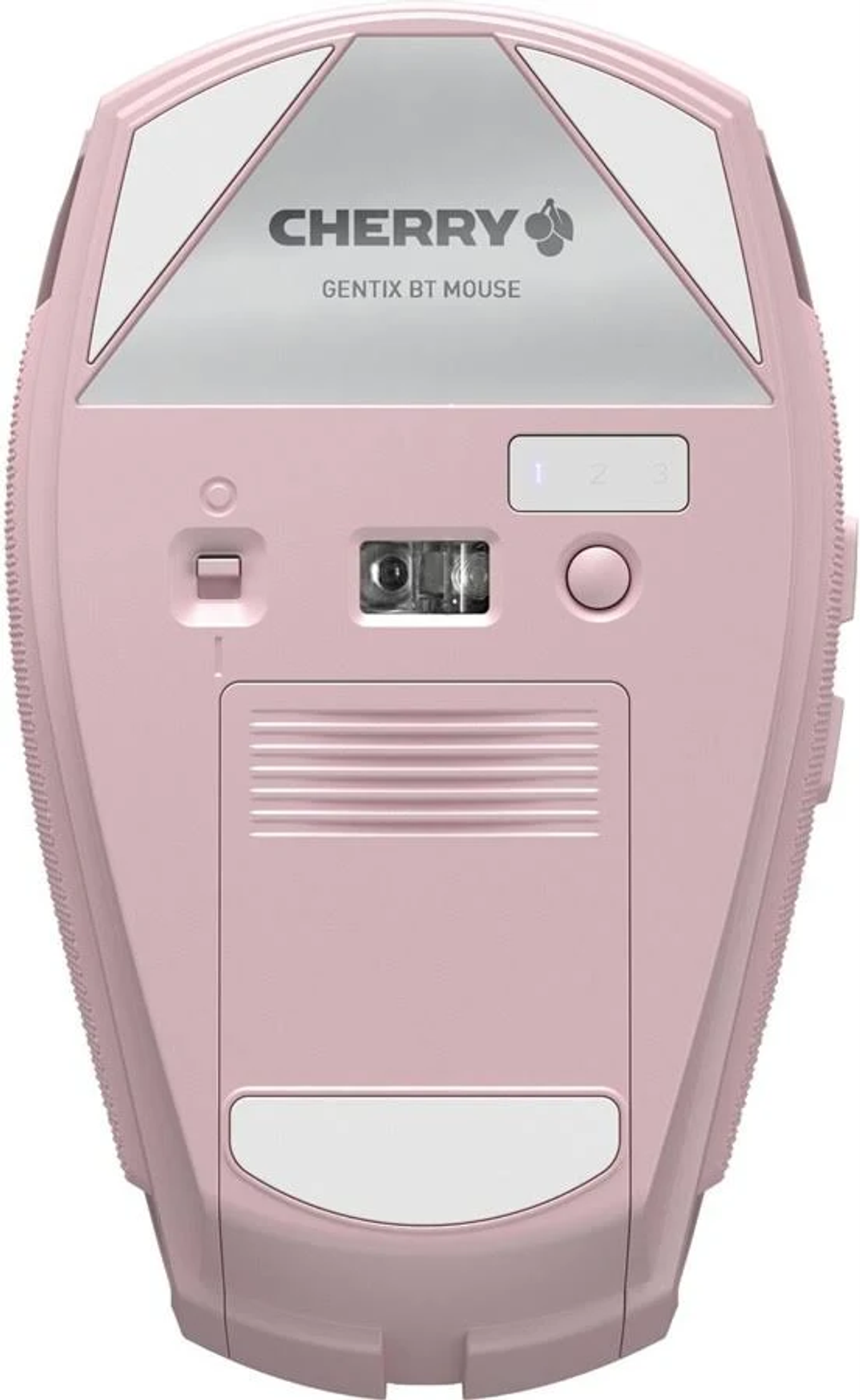 The underside of a pink Cherry Gentix BT mouse, featuring buttons and a sensor.