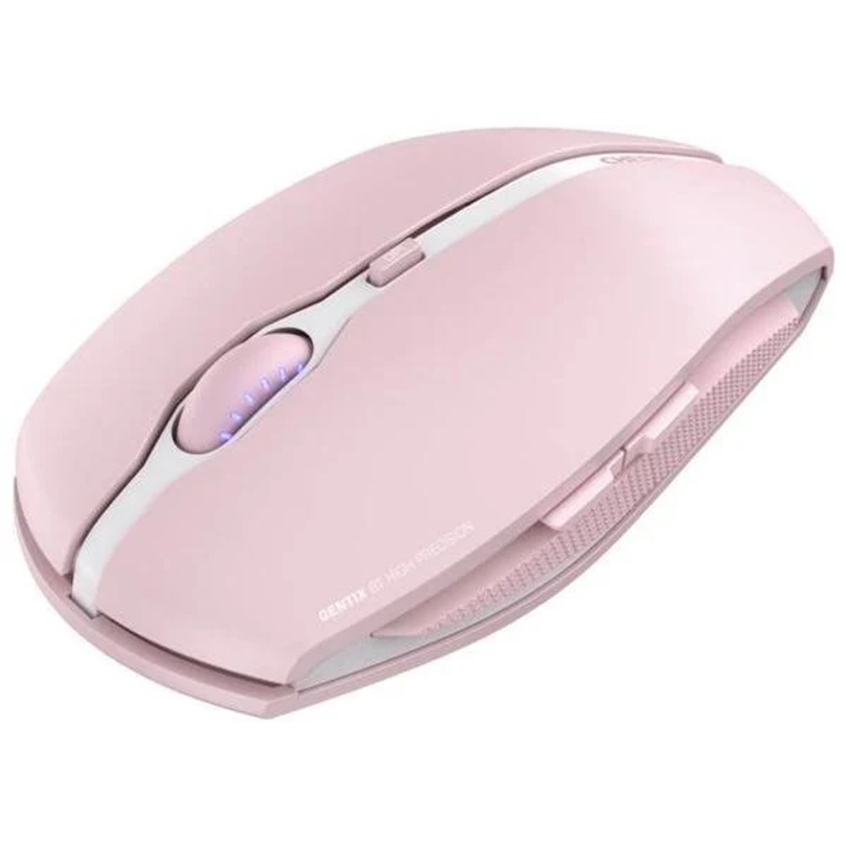 A pink wireless mouse with a silver scroll wheel, angled view.