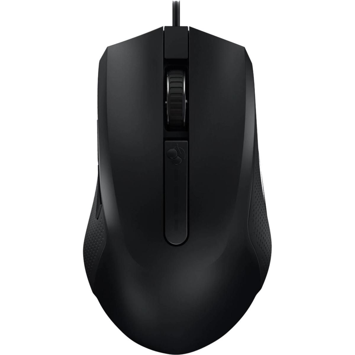 Un mouse per computer nero con rotella e pulsanti, visto dall'alto su sfondo bianco.