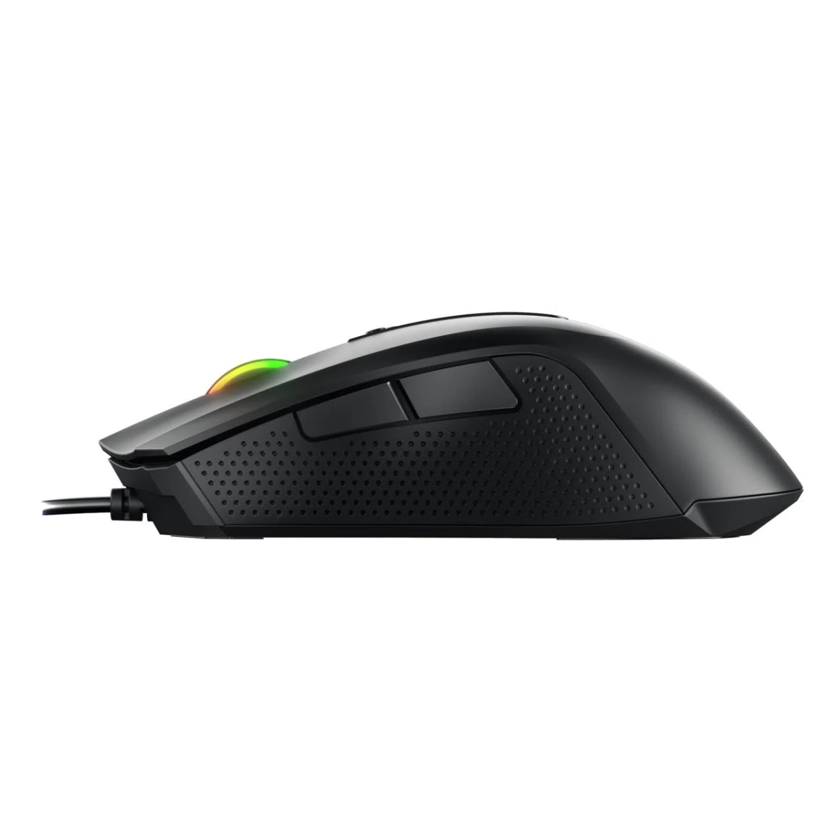 Mouse da gioco nero con due pulsanti laterali. Dispone di un'impugnatura strutturata.