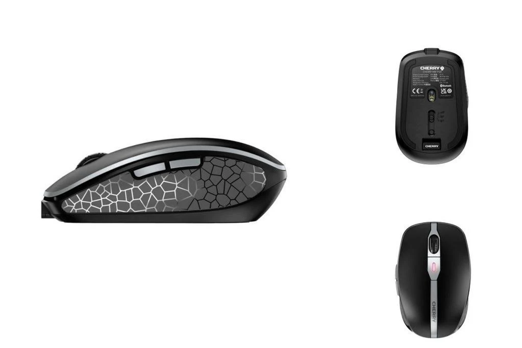 Czarno-szara mysz bezprzewodowa z trzema widokami, pokazującymi różne kąty i funkcje.