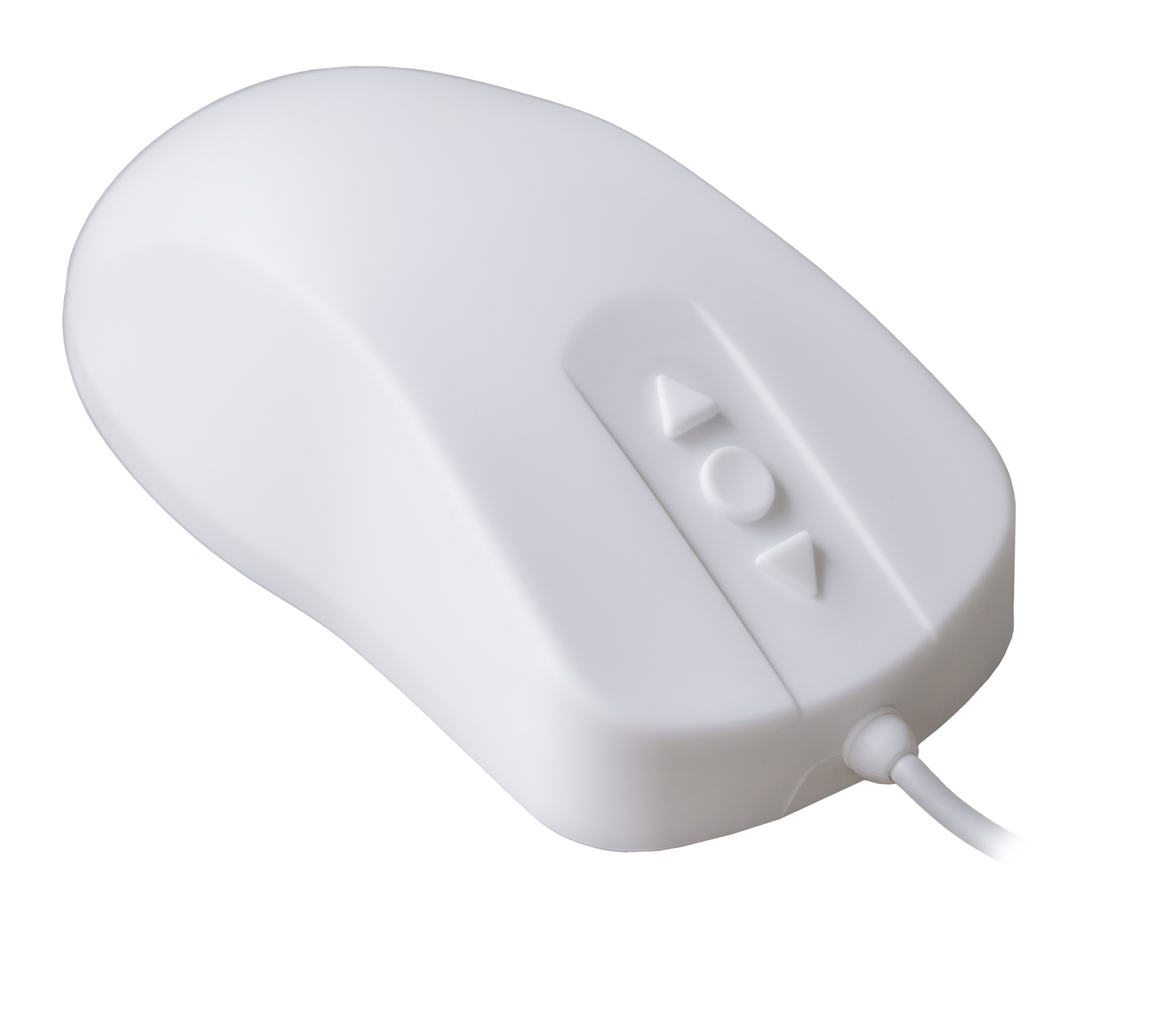 Weiße Computermaus mit drei Tasten und einem Kabel. Pfeile sind auf den Tasten.