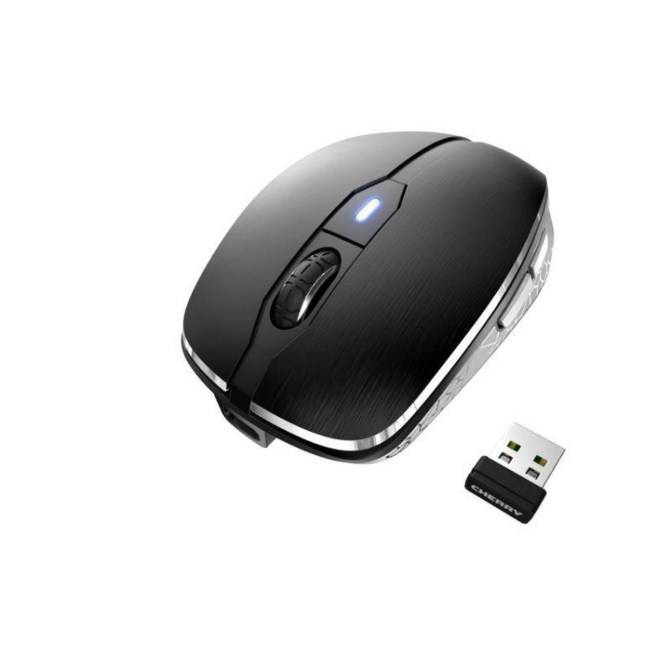 Zwarte draadloze computermuis met een USB-ontvanger op wit.