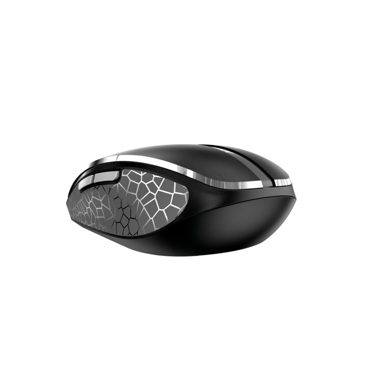 Zwarte en zilveren computermuis met een geometrisch patroon aan de linkerkant en metalen accenten.