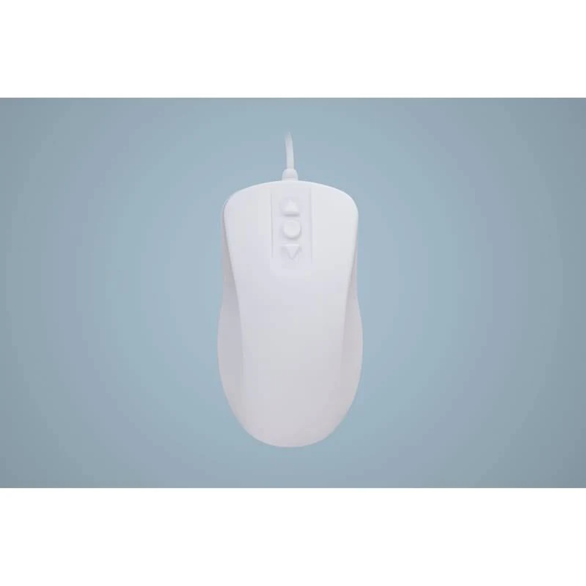Weiße Computermaus. Draufsicht, zeigt Tasten und Scrollrad. Blauer Hintergrund.