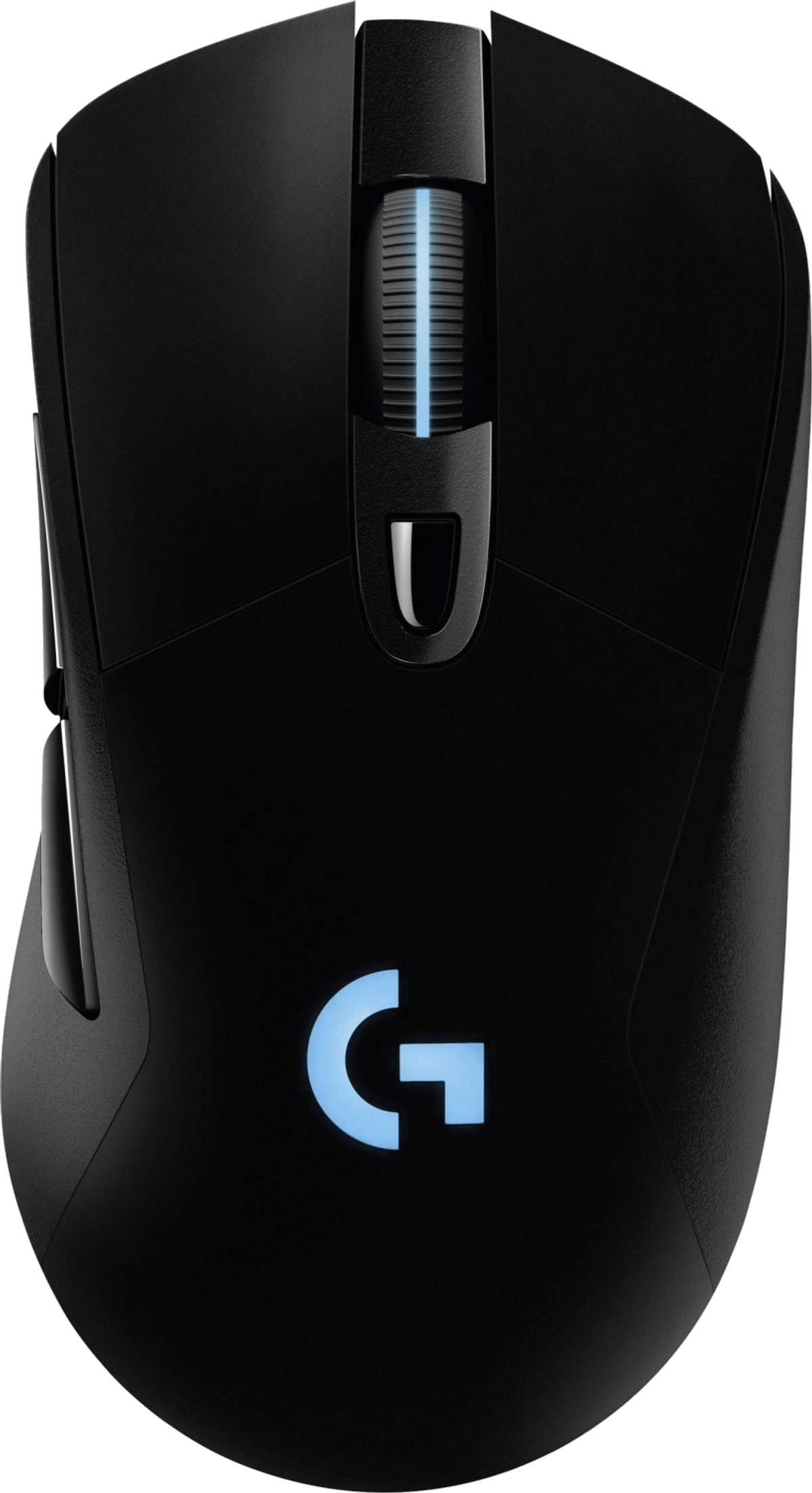 Un ratón gaming negro con un logo azul iluminado.