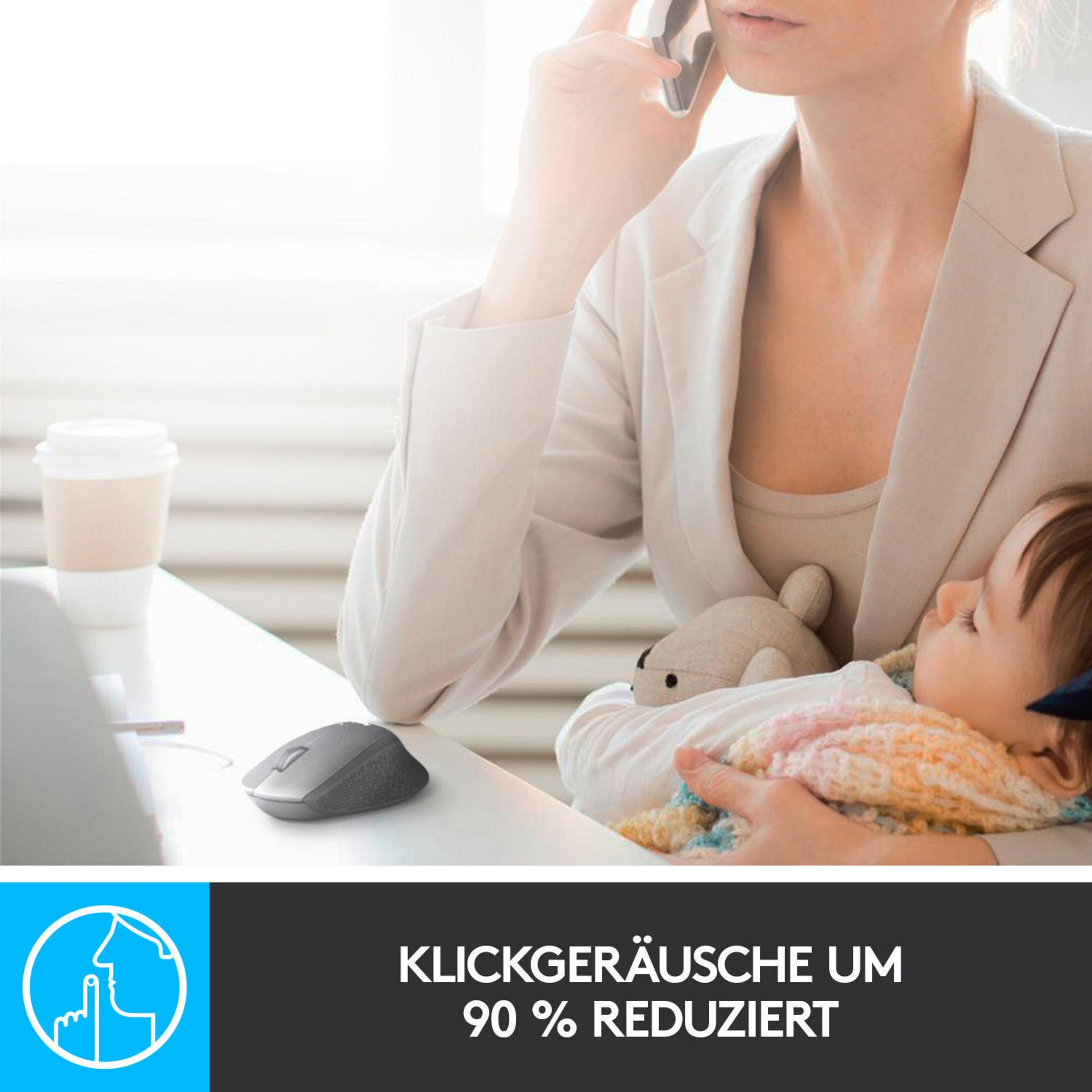 Kobieta przez telefon, trzymająca dziecko, mysz na biurku. Tekst: dźwięki kliknięć zredukowane o 90%.