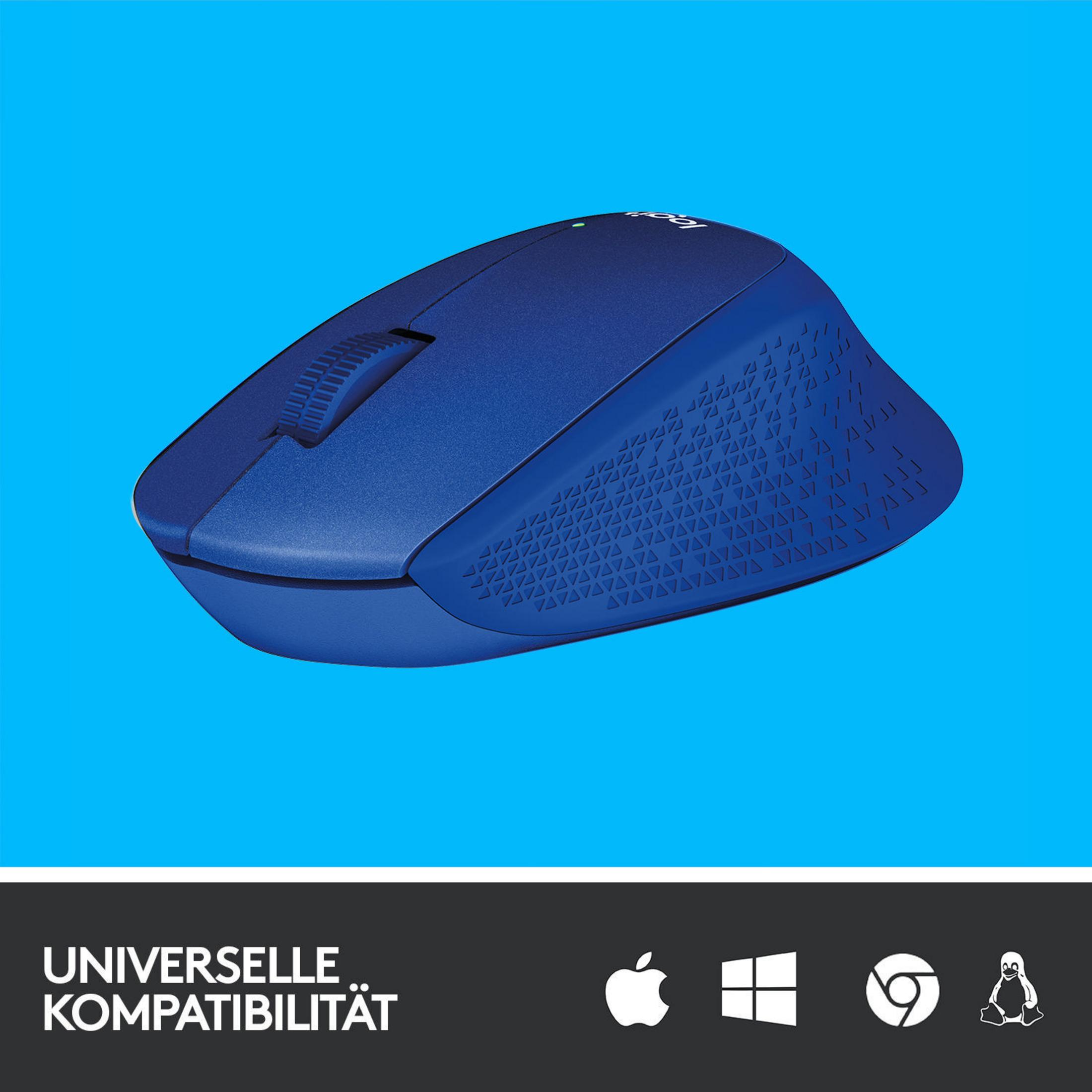 Blauwe draadloze muis op blauwe achtergrond. Logo's op de muis. Witte tekst onderaan.