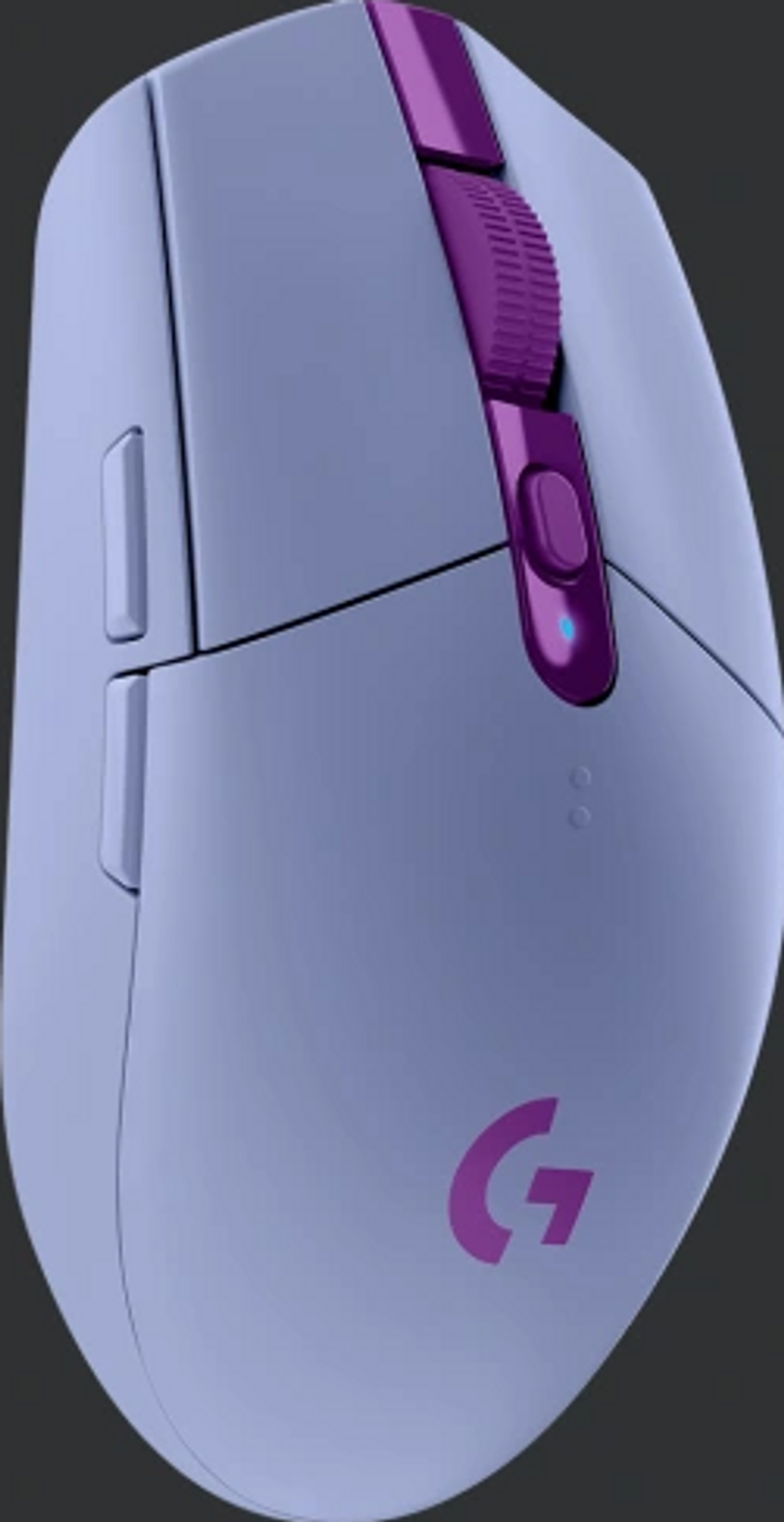 Jasnofioletowa mysz komputerowa z ciemnofioletowym kółkiem przewijania i akcentami na ciemnym tle.